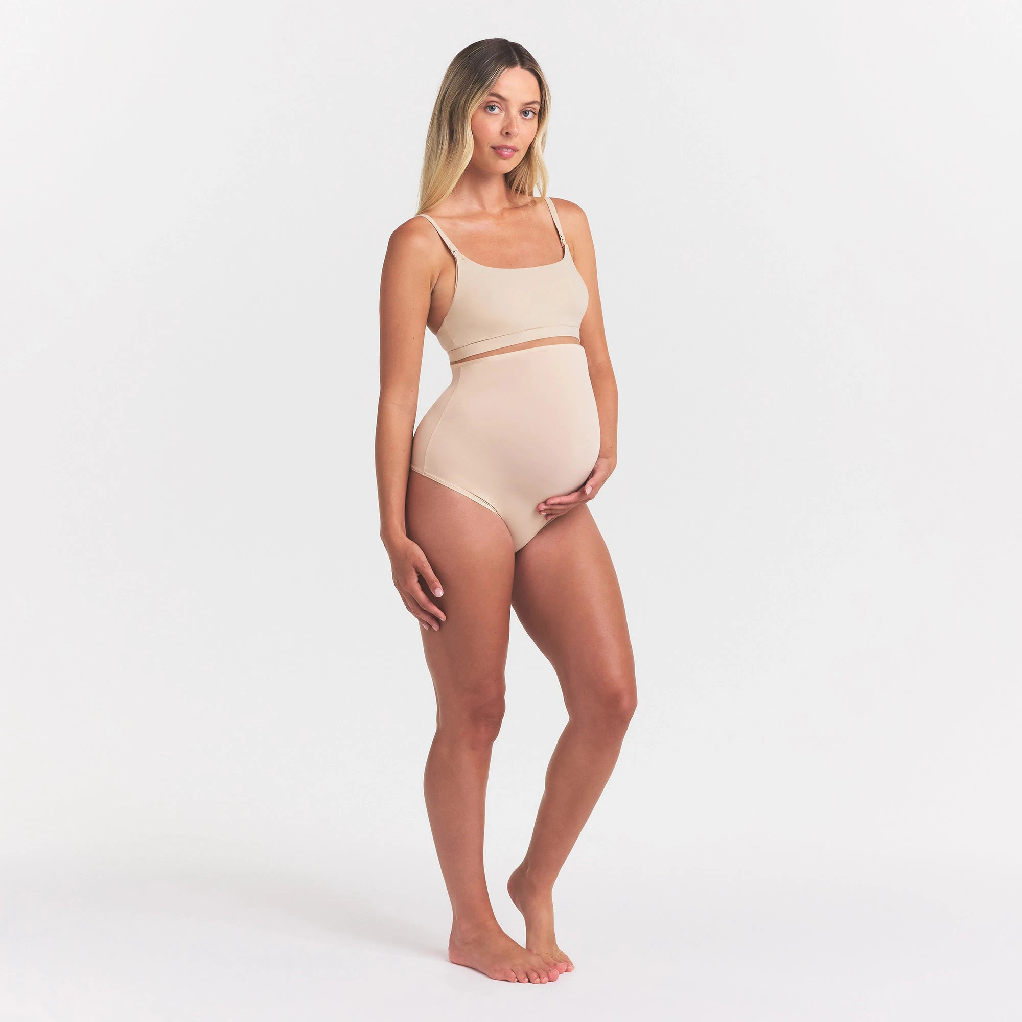 FITS EVERYBODY MATERNITY HIGH-WAISTED THONG | SAND ON A MODEL FRONT VIEW @ | FOCUS: 0.0, 1.0, 0.9