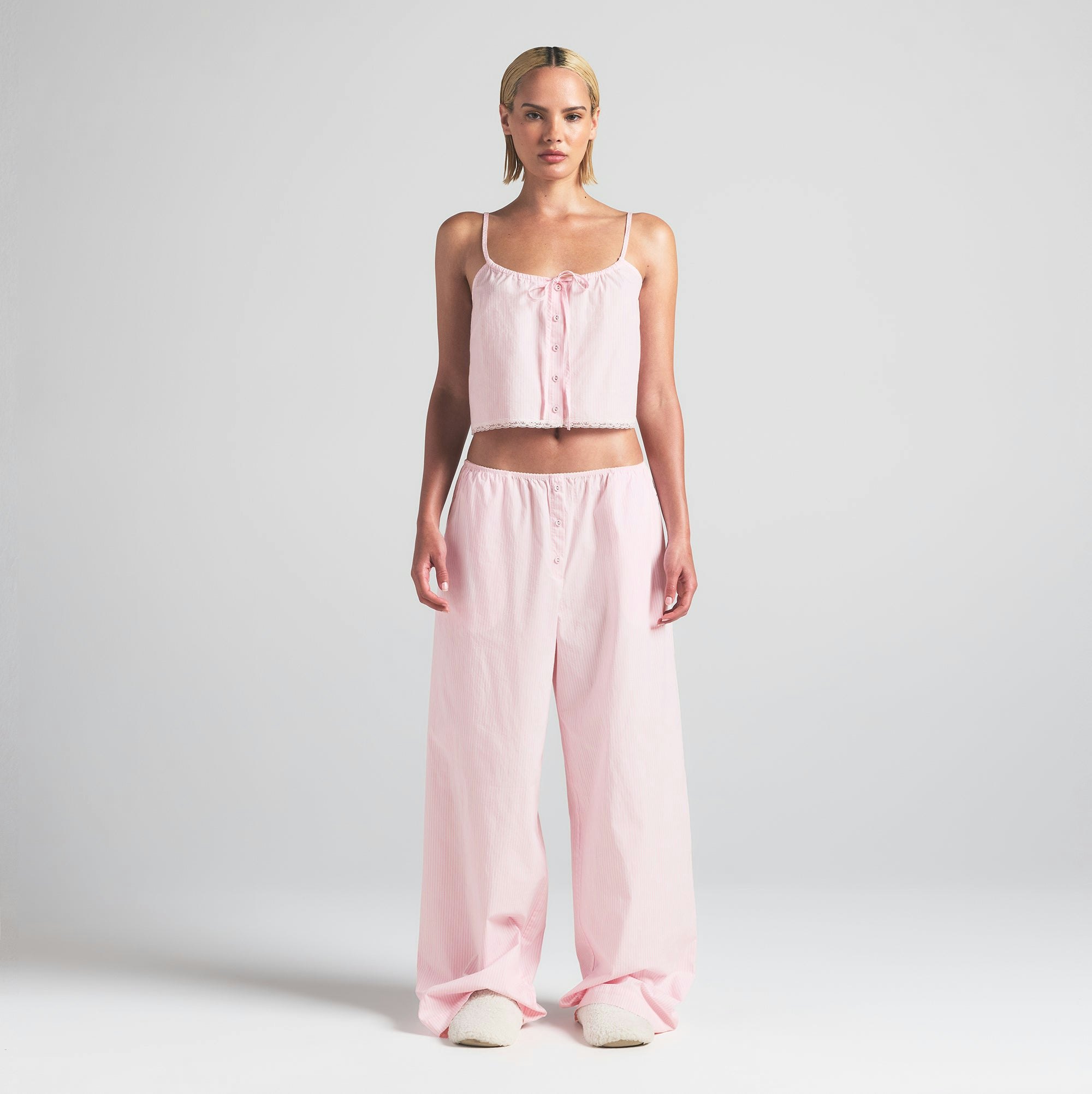 COTTON POPLIN SLEEP CAMI | CHERRY BLOSSOM STRIPE ON A MODEL FRONT VIEW | FOCUS: 0.0, 1.0, 0.9