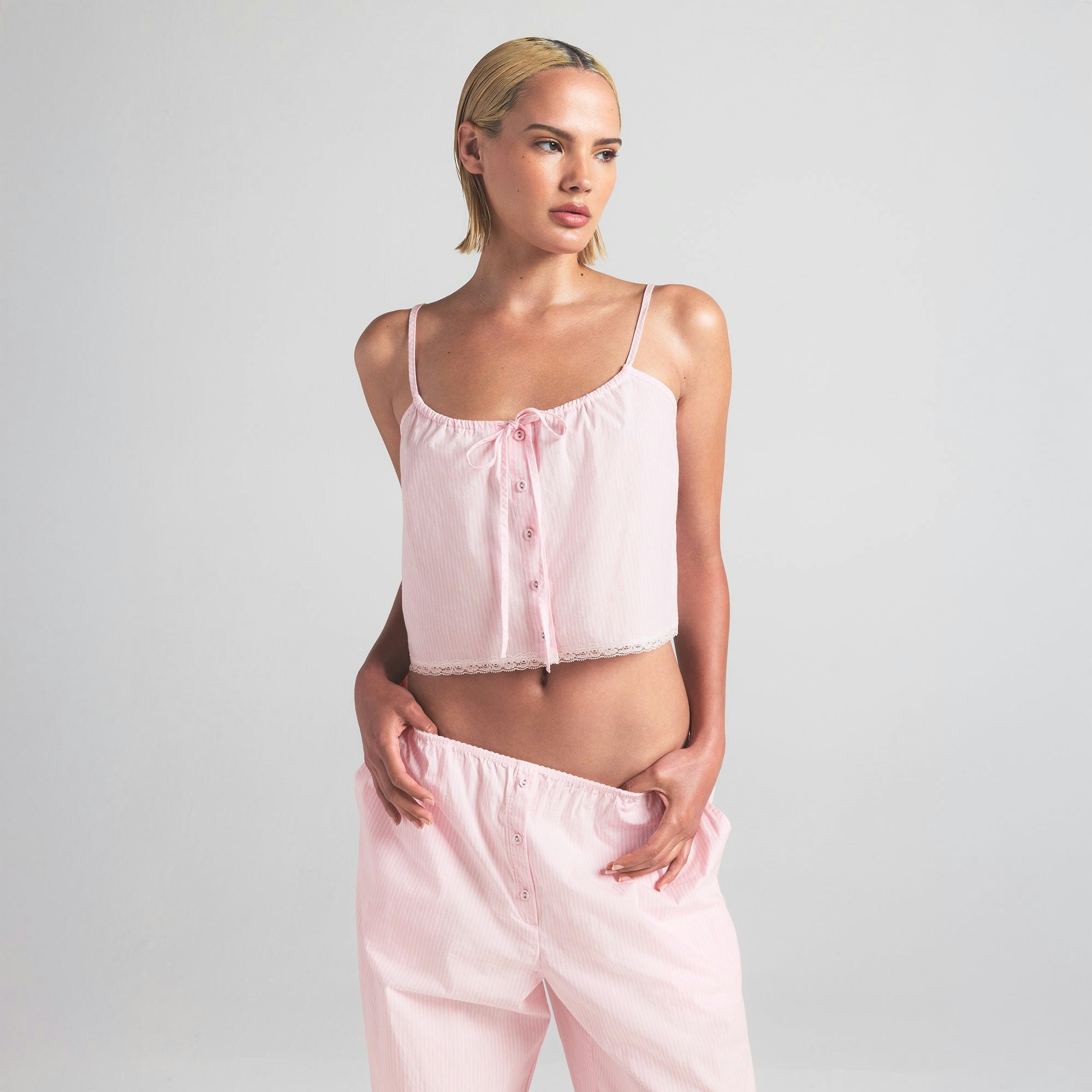 COTTON POPLIN SLEEP CAMI | CHERRY BLOSSOM STRIPE ON A MODEL FRONT VIEW | FOCUS: 0.0, 1.0, 0.9