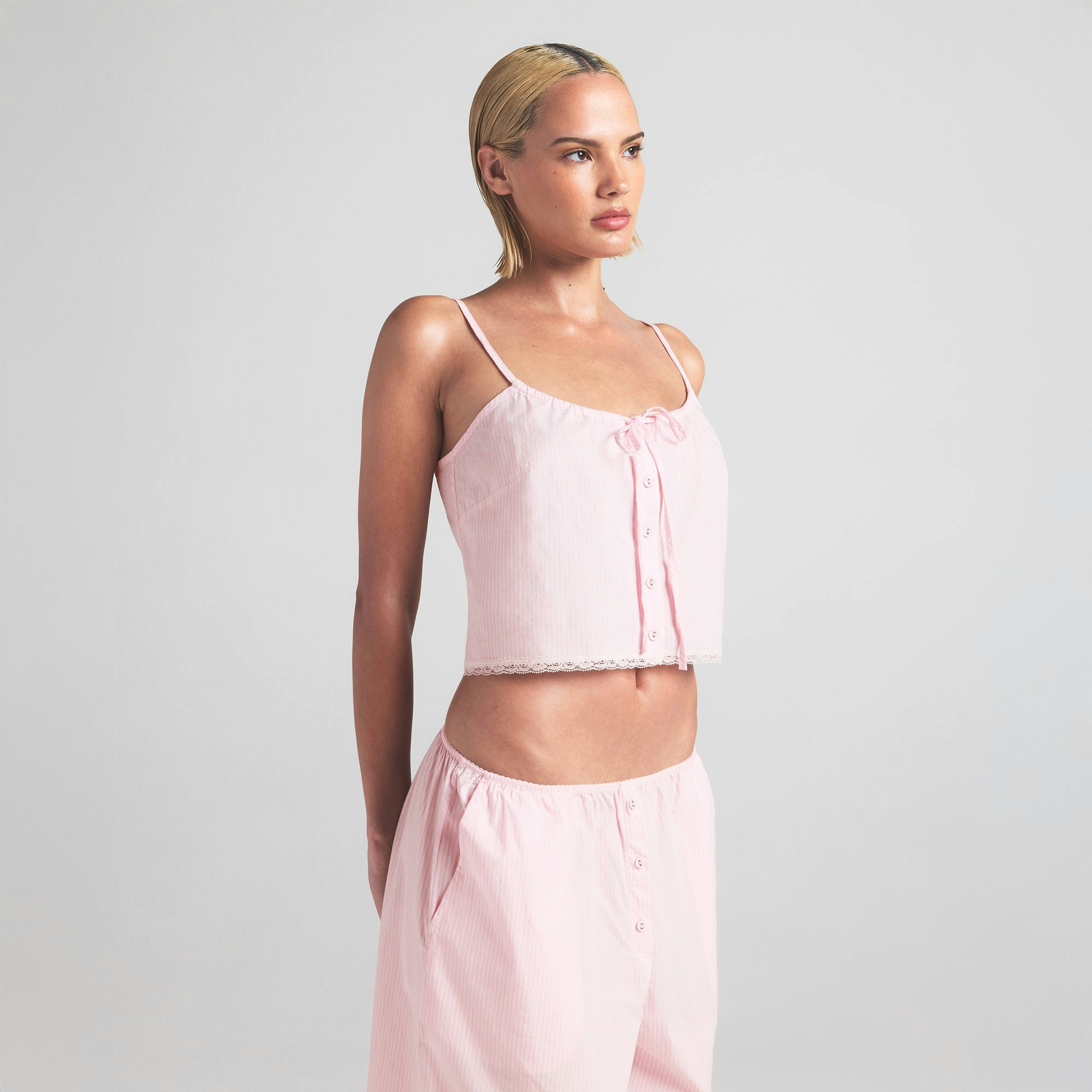 COTTON POPLIN SLEEP CAMI | CHERRY BLOSSOM STRIPE ON A MODEL SIDE VIEW | FOCUS: 0.0, 1.0, 0.9