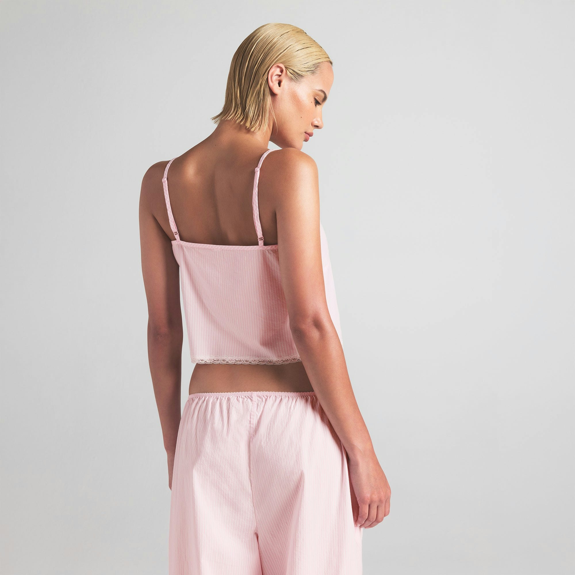 COTTON POPLIN SLEEP CAMI | CHERRY BLOSSOM STRIPE ON A MODEL BACK VIEW | FOCUS: 0.0, 1.0, 0.9
