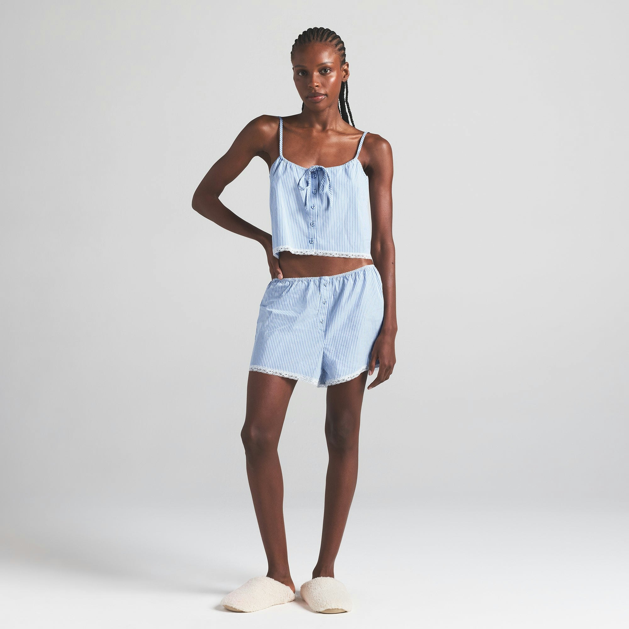 COTTON POPLIN SLEEP CAMI | CADET STRIPE ON A MODEL FRONT VIEW | FOCUS: 0.0, 1.0, 0.9