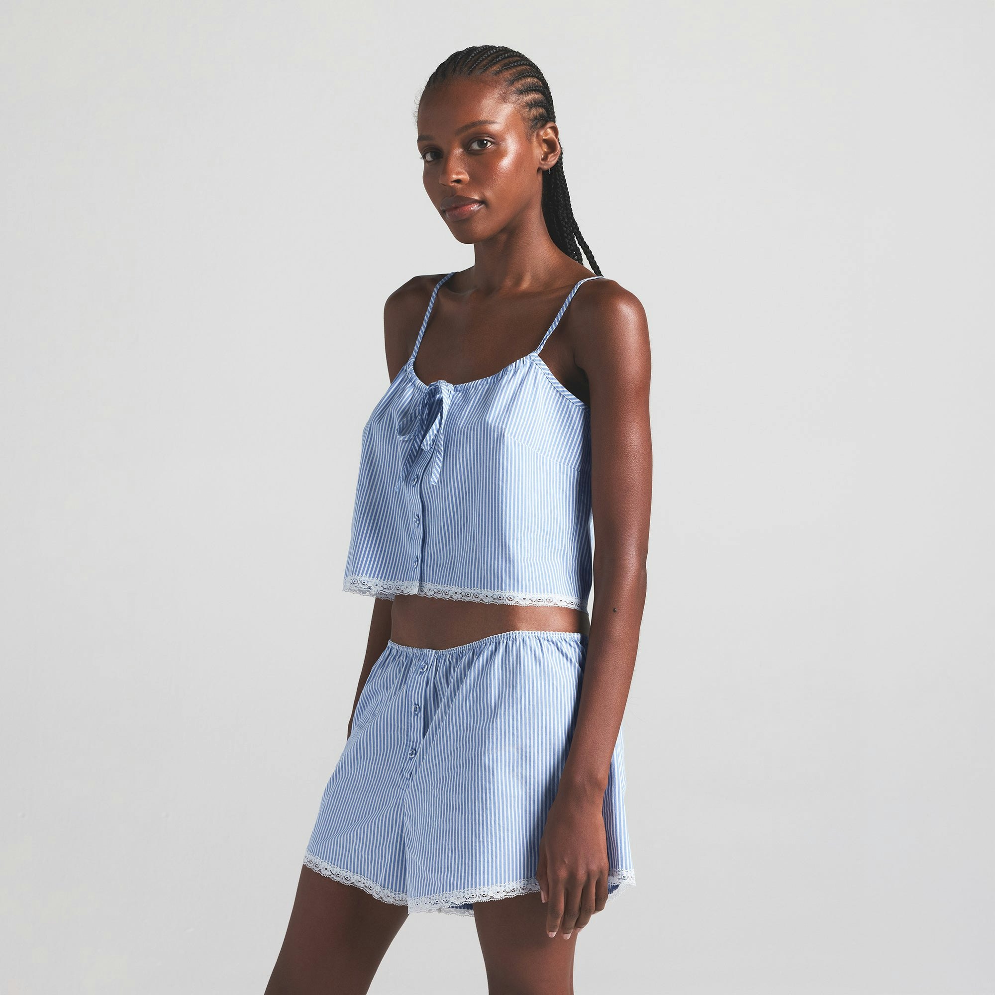 COTTON POPLIN SLEEP CAMI | CADET STRIPE ON A MODEL SIDE VIEW | FOCUS: 0.0, 1.0, 0.9