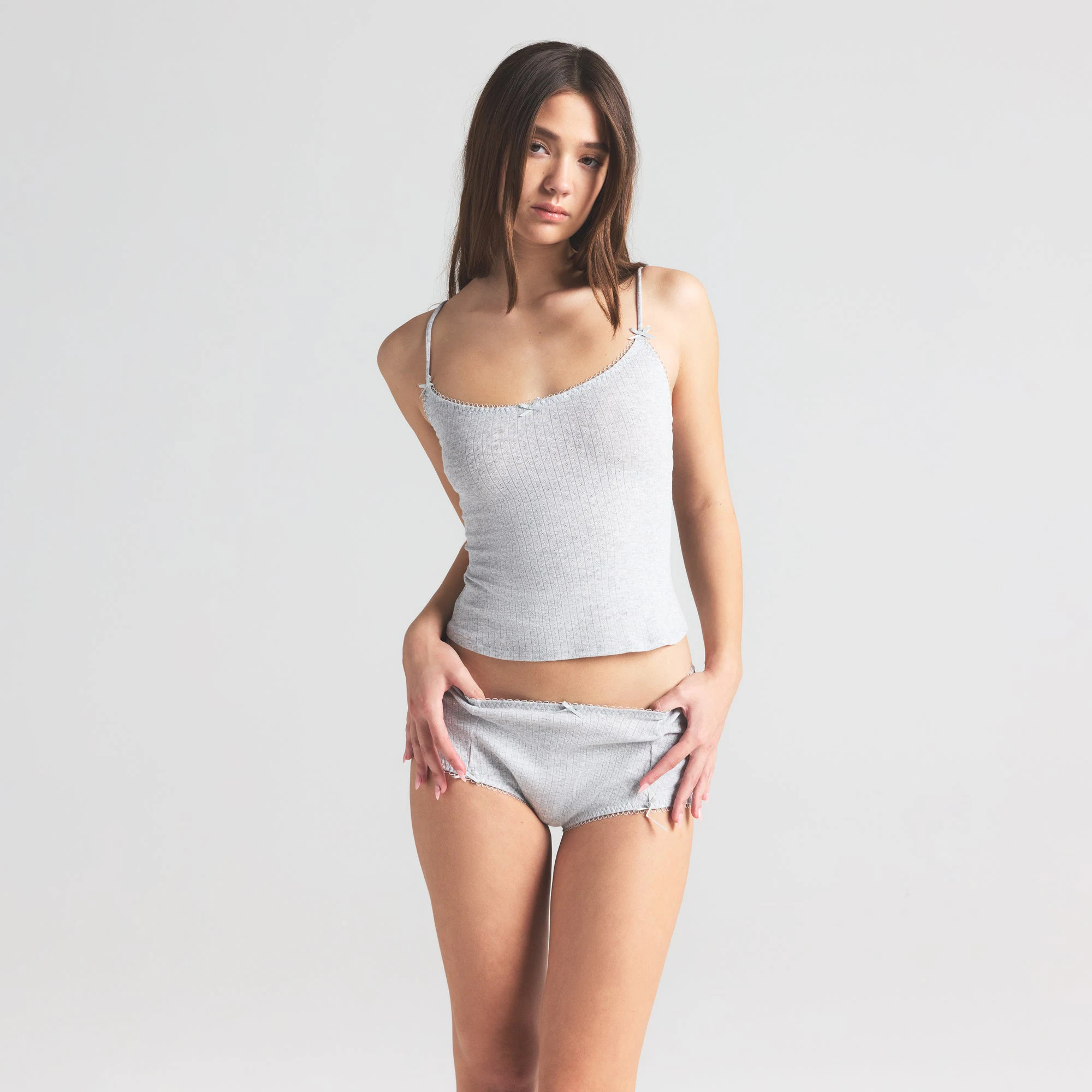 POINTELLE CAMI | LIGHT HEATHER GREY ON A MODEL SIDE VIEW | FOCUS: 0.0, 1.0, 0.9