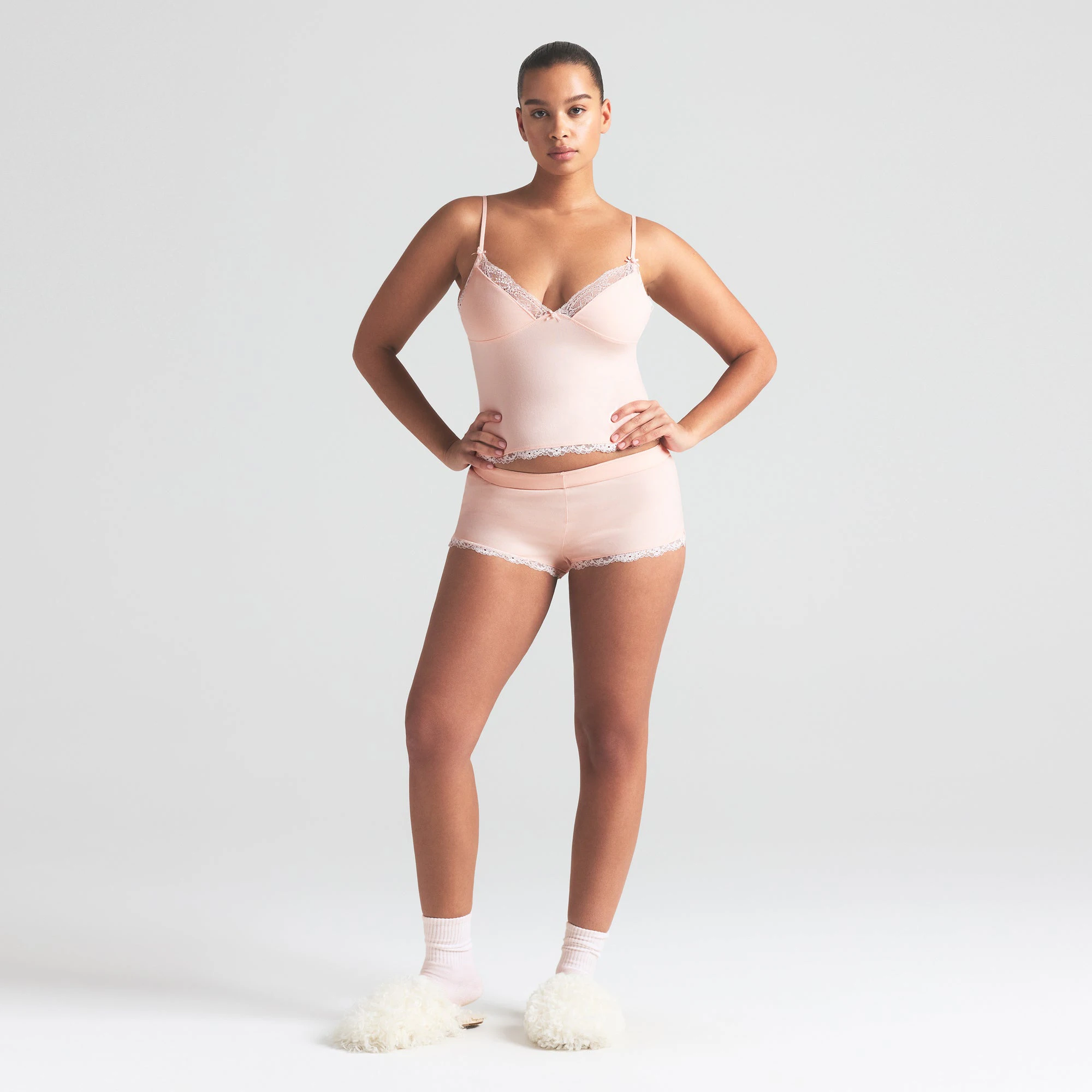 COTTON JERSEY LACE CAMI AND SHORT SET | PRIMROSE ON A MODEL FRONT VIEW | FOCUS: 0.0, 1.0, 0.9