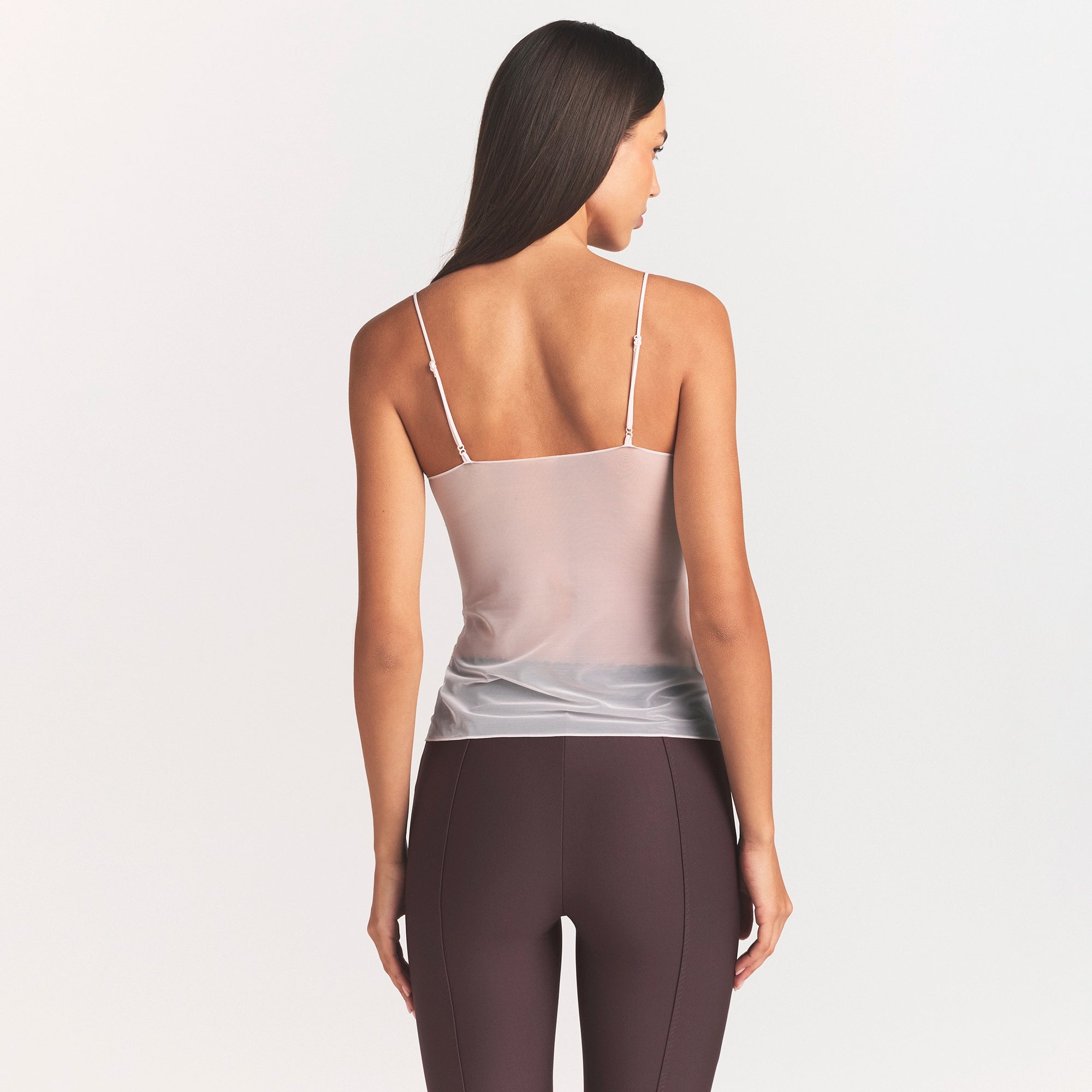 ULTRA FINE MESH CAMI | BARELY PINK ON A MODEL SIDE VIEW
