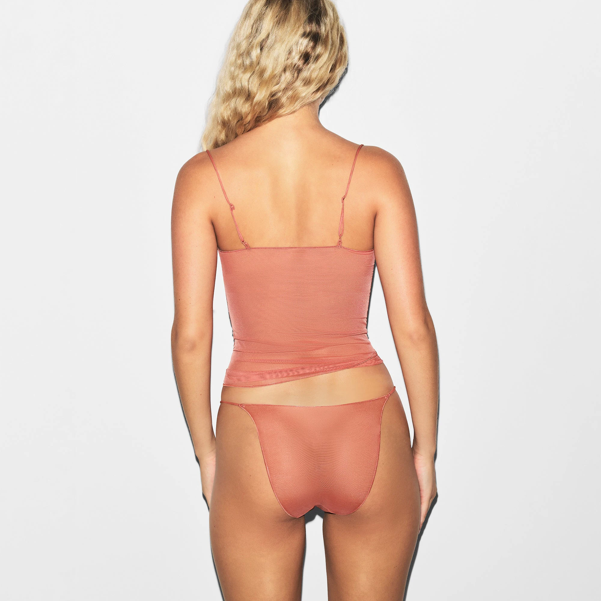 ULTRA FINE MESH CAMI | TERRACOTTA ON A MODEL BACK VIEW | FOCUS: 0.0, 1.0, 0.9
