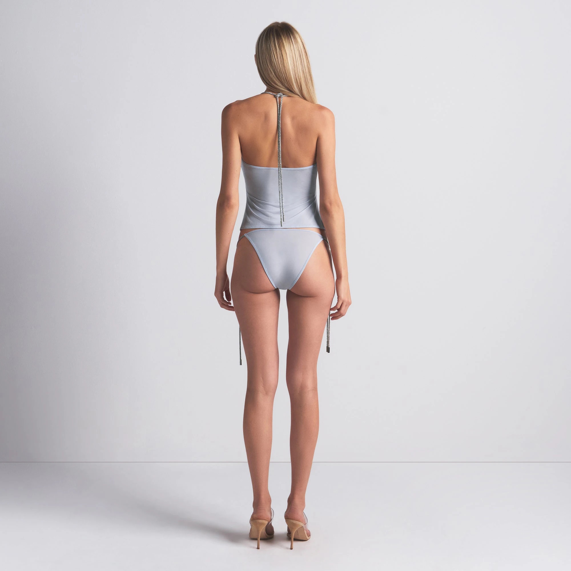 RHINESTONE KNIT HALTER CAMI AND TIE SIDE BIKINI SET | ZEN BLUE ON A MODEL FRONT VIEW @ | FOCUS: 0.0, 1.0, 0.9