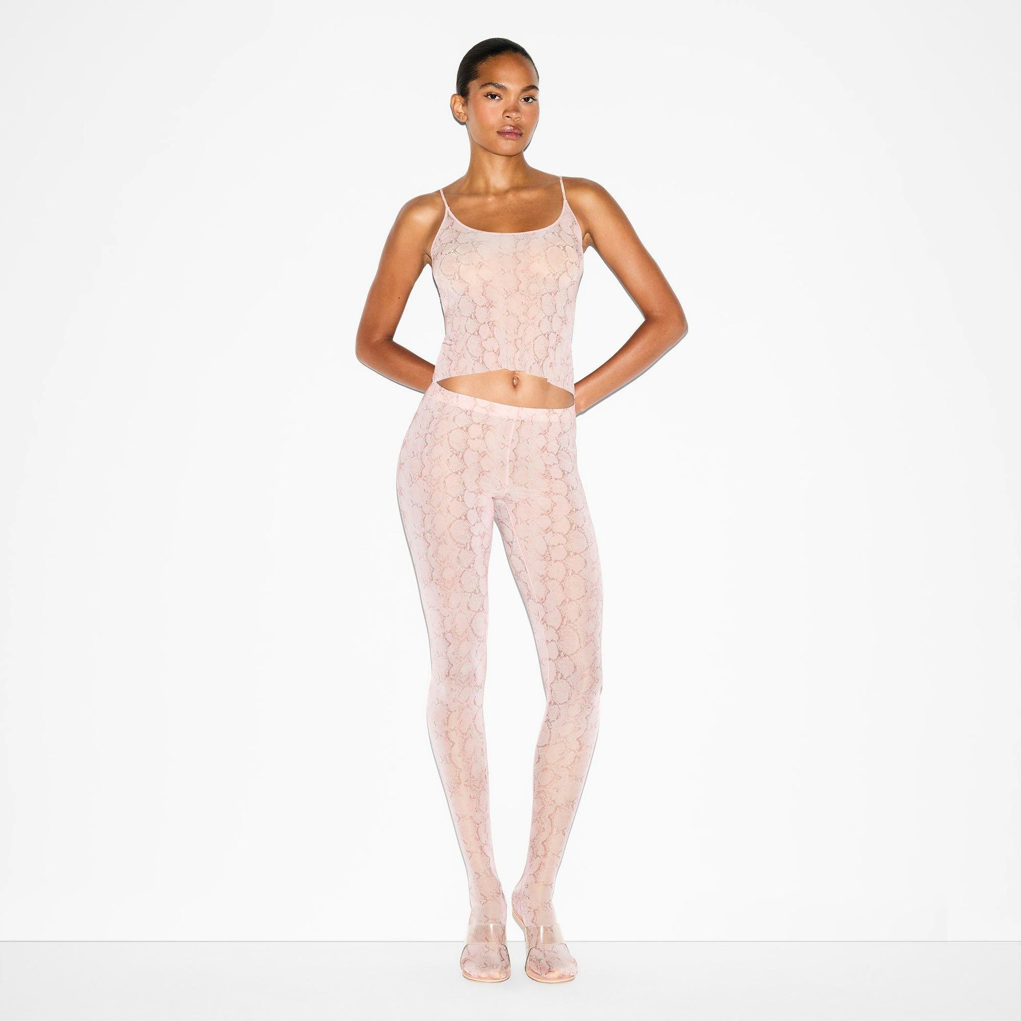 MILKY SHEER CAMI | ROSE PASTEL SNAKE PRINT ON A MODEL FRONT VIEW @ | FOCUS: 0.0, 1.0, 0.9