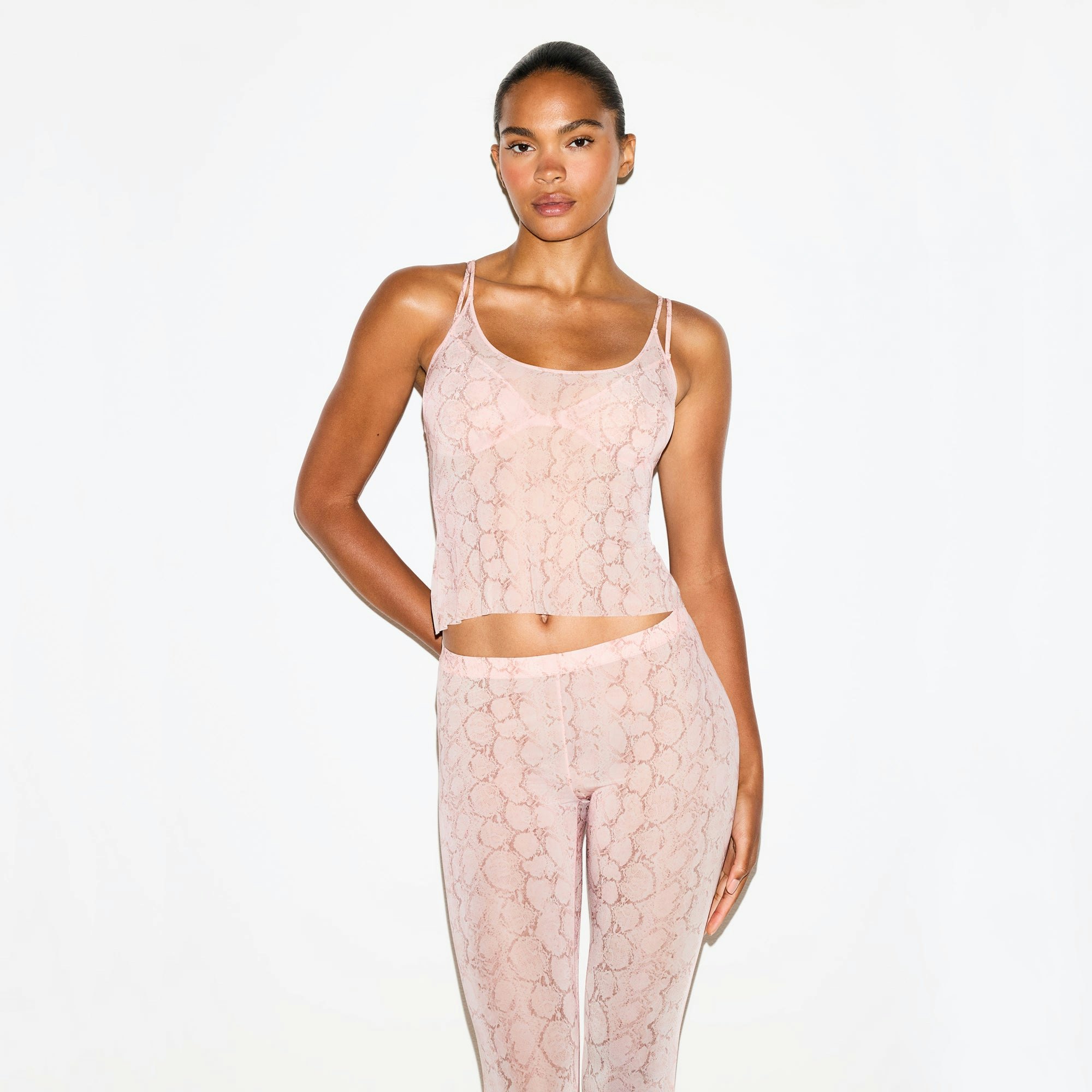 MILKY SHEER CAMI | ROSE PASTEL SNAKE PRINT ON A MODEL SIDE VIEW @ | FOCUS: 0.0, 1.0, 0.9