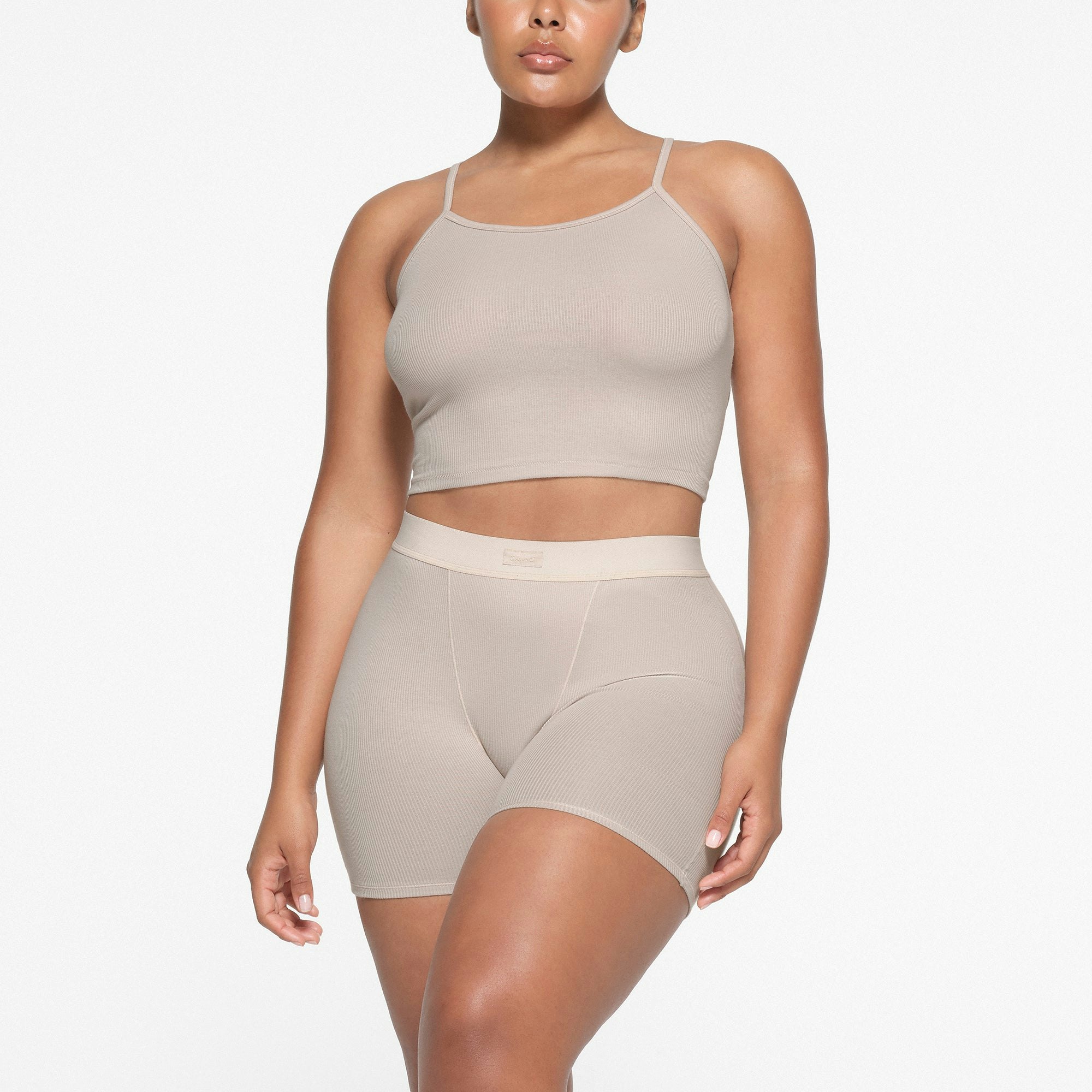 COTTON RIB CROPPED TANK | STONE ON A MODEL FRONT VIEW
