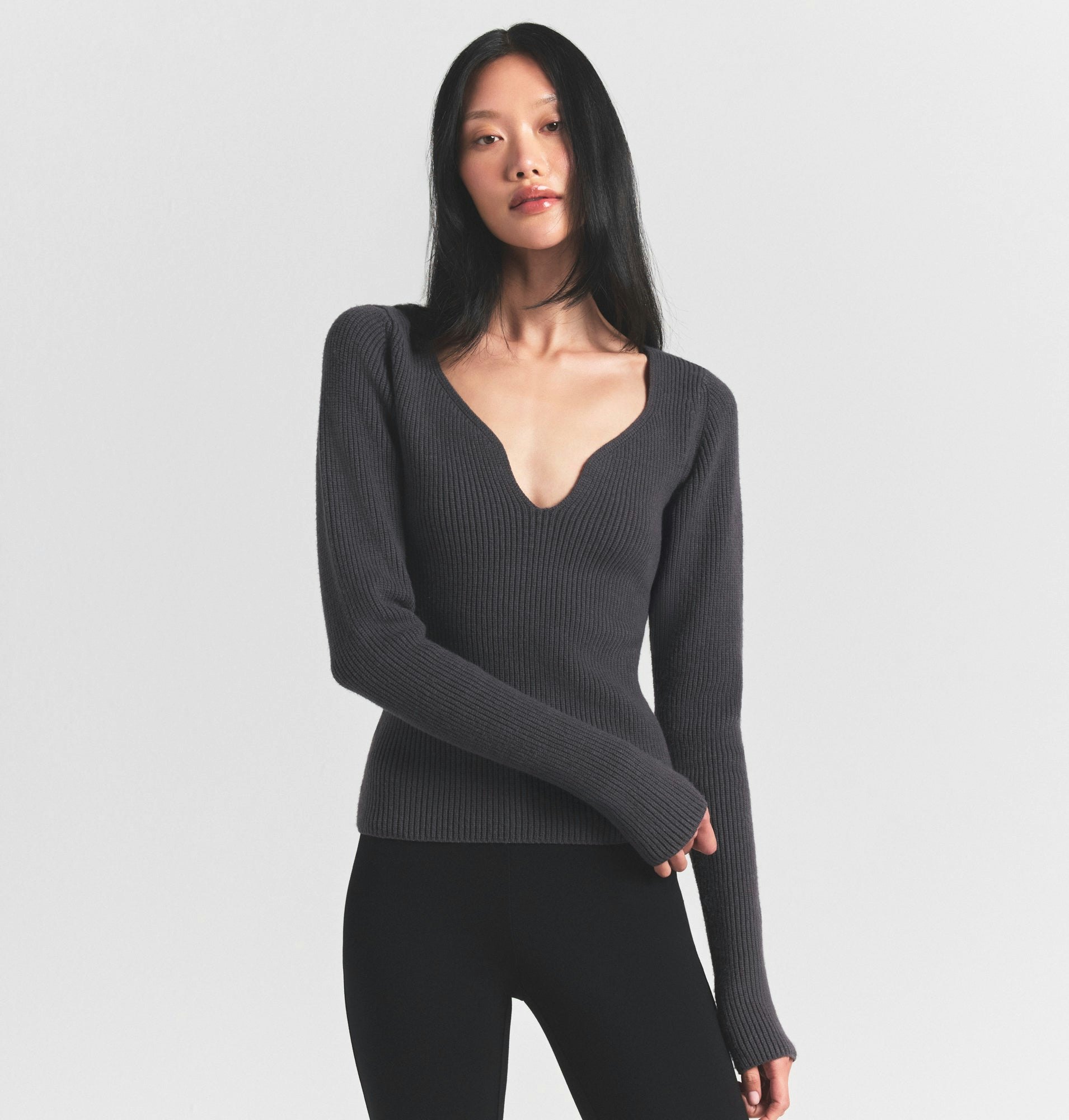 SWEATER KNITS LONG SLEEVE TOP | ASH ON A MODEL SIDE VIEW @ | FOCUS: 0.0, 1.0, 0.9