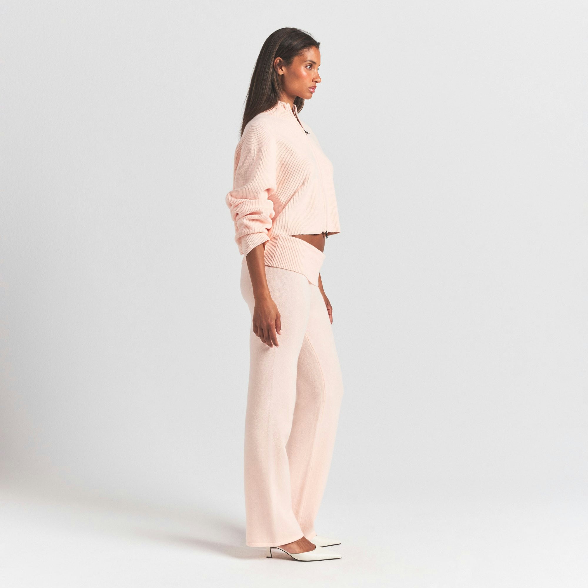 SWEATER KNITS MOCK NECK ZIP UP | PRIMROSE ON A MODEL SIDE VIEW @ | FOCUS: 0.0, 1.0, 0.9