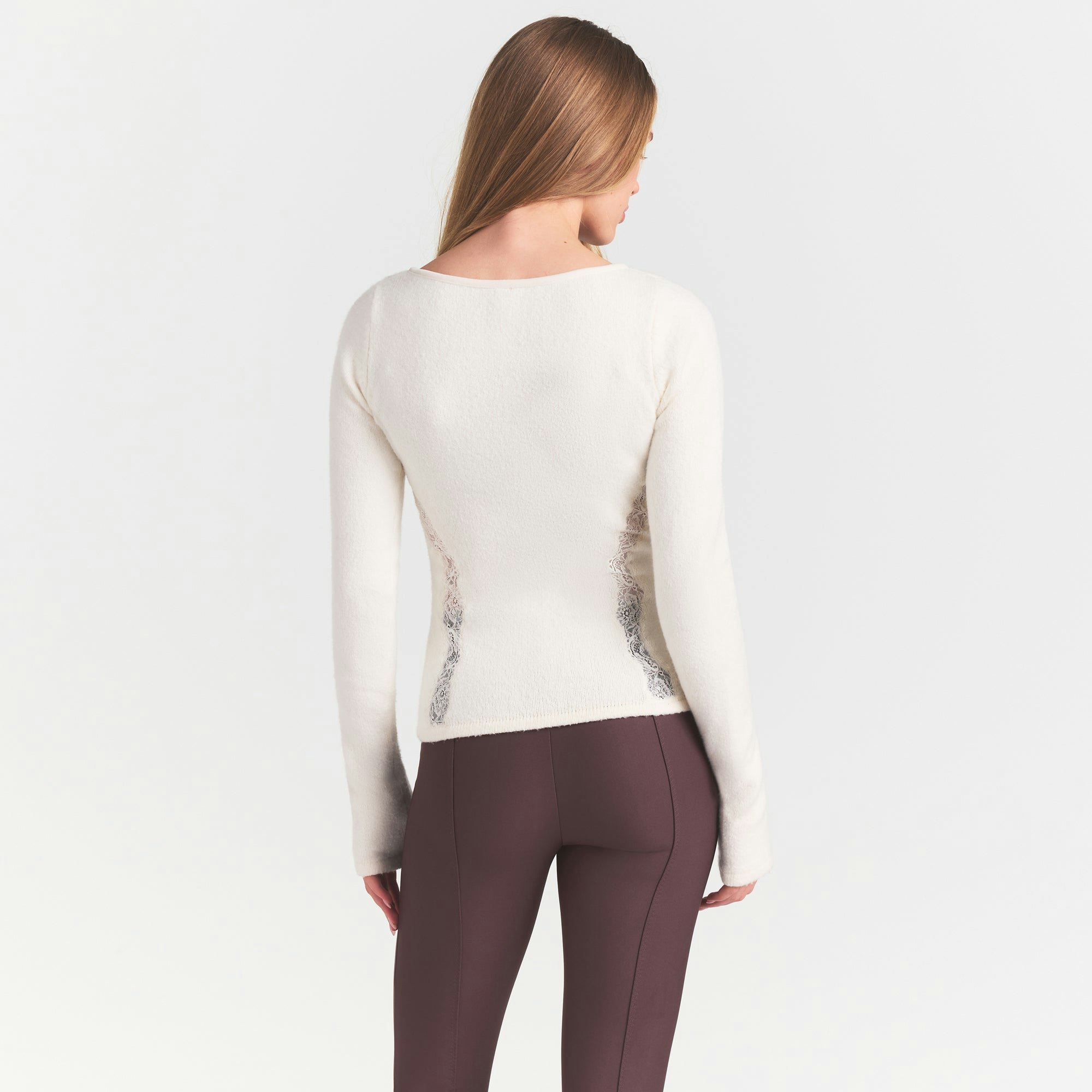 LACE KNIT LONG SLEEVE CARDIGAN | SUGAR ON A MODEL SIDE VIEW @ | FOCUS: 0.0, 1.0, 0.9