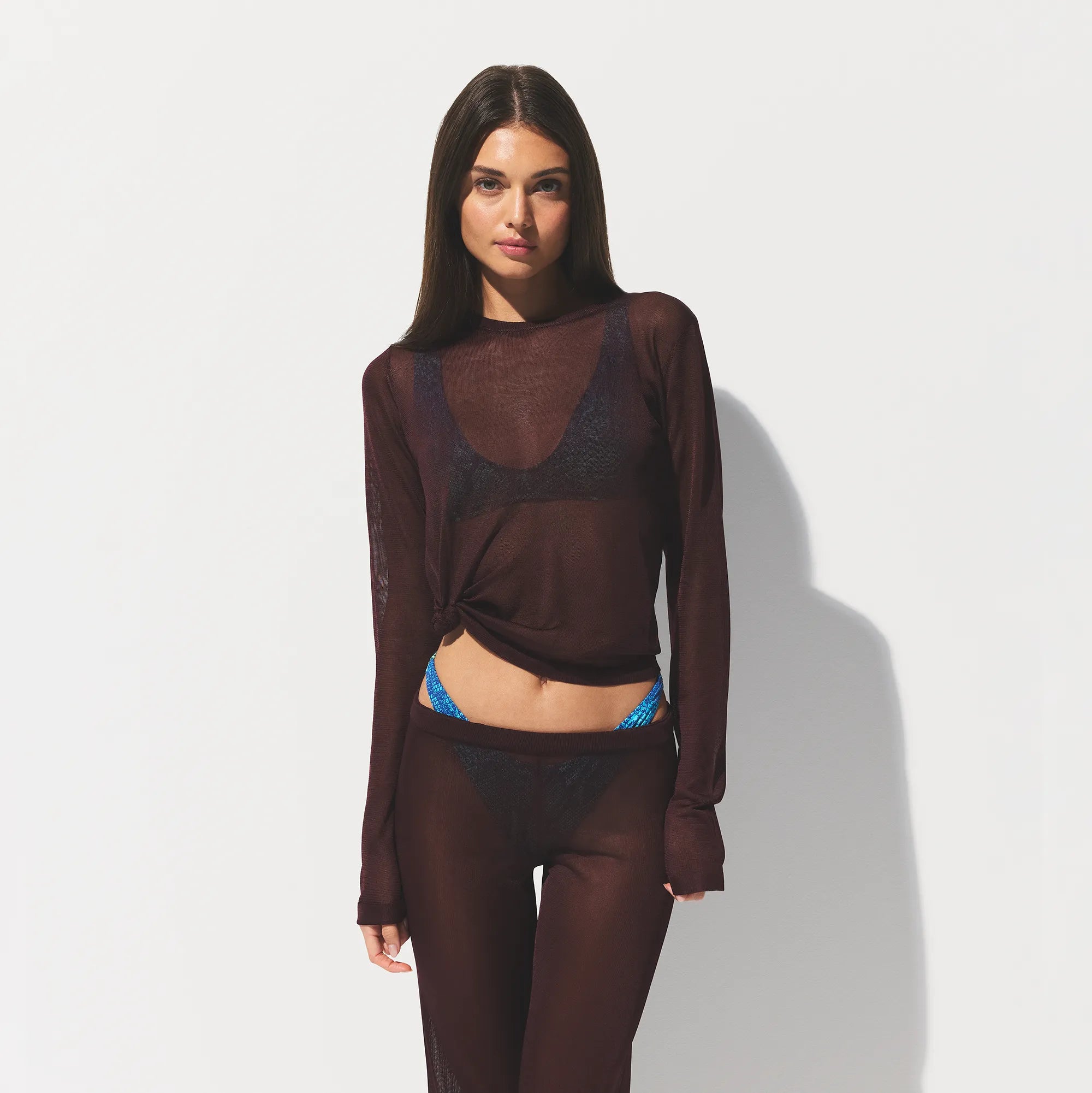 SLINKY KNIT CREW NECK LONG SLEEVE TOP | CURRANT ON A MODEL FRONT VIEW @ | FOCUS: 0.0, 1.0, 0.9