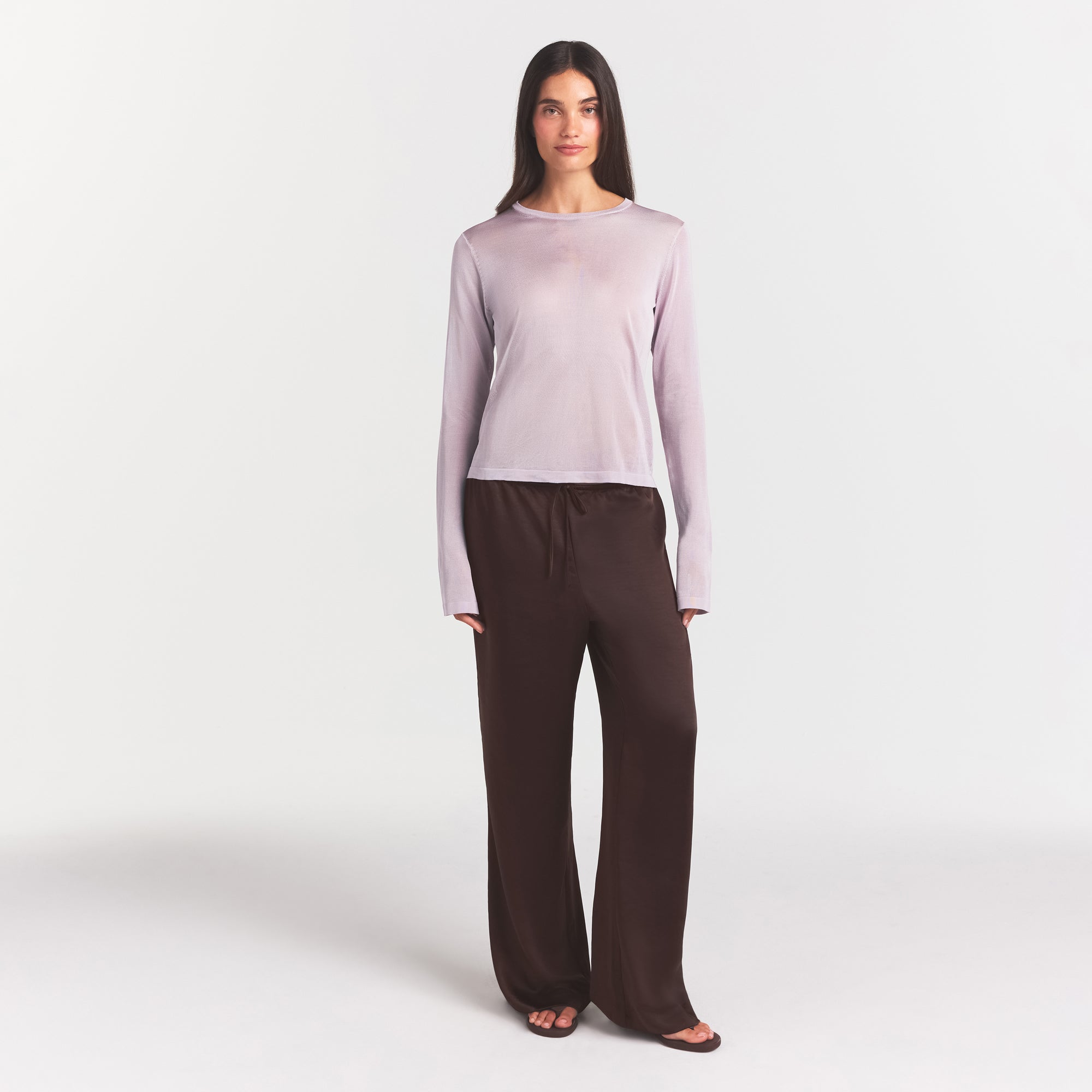 SLINKY KNIT CREW NECK LONG SLEEVE TOP | IRIS MICA ON A MODEL FRONT VIEW @ | FOCUS: 0.0, 1.0, 0.9