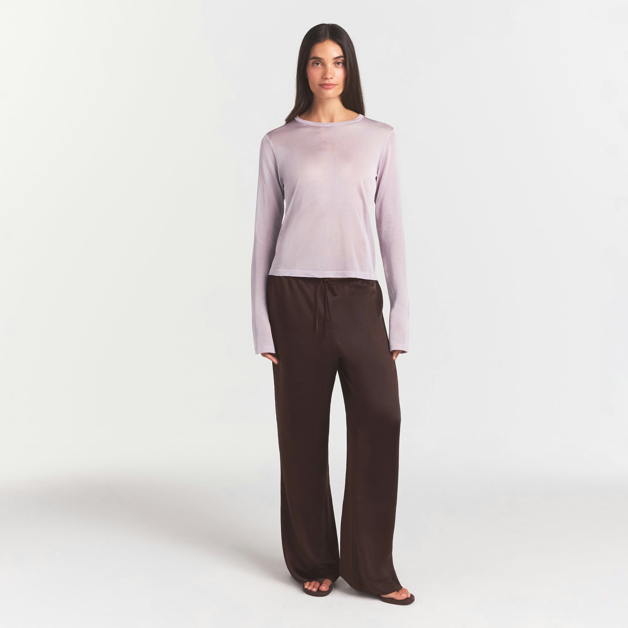 SLINKY KNIT CREW NECK LONG SLEEVE TOP | IRIS MICA ON A MODEL FRONT VIEW @ | FOCUS: 0.0, 1.0, 0.9