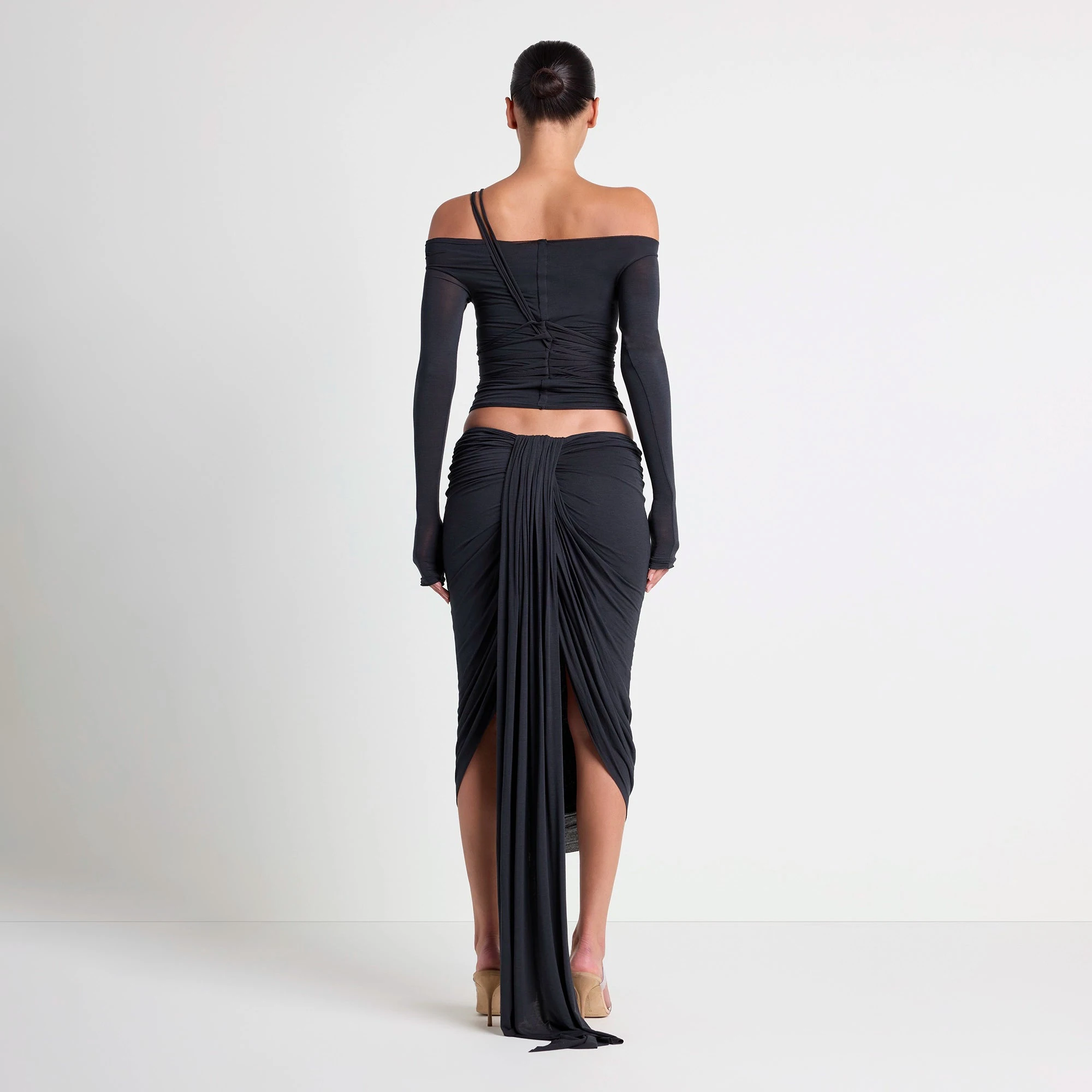 VETTESE X SKIMS SHEER MODAL OFF THE SHOULDER TOP | ONYX ON A MODEL BACK VIEW| FOCUS: 0.0, 1.0, 0.9