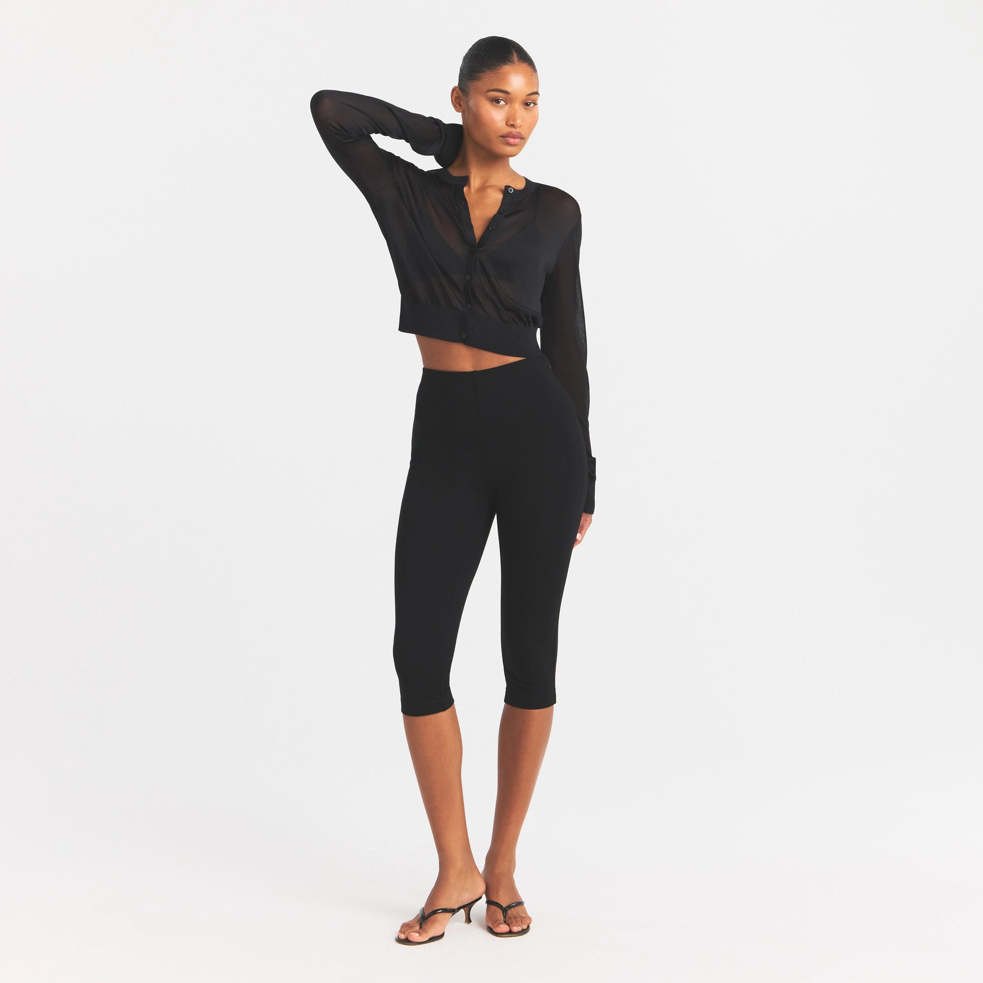 SLINKY KNIT CARDIGAN | OBSIDIAN ON A MODEL FRONT VIEW @ | FOCUS: 0.0, 1.0, 0.9