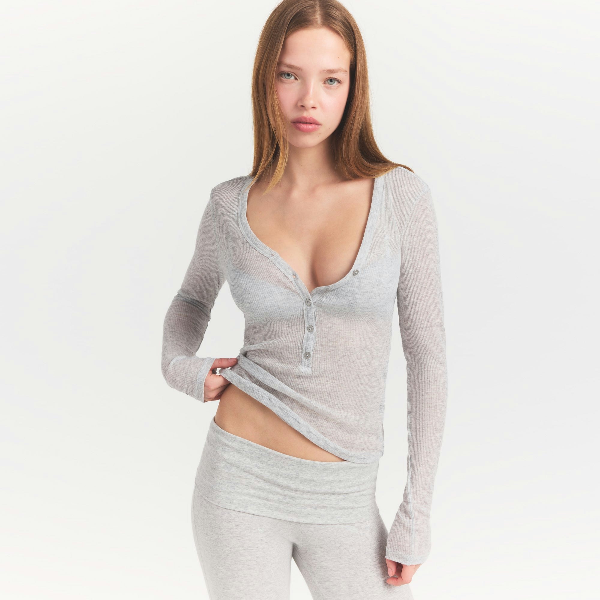 SHEER RIB HENLEY | LIGHT HEATHER GREY ON A MODEL SIDE VIEW @ | FOCUS: 0.0, 1.0, 0.9