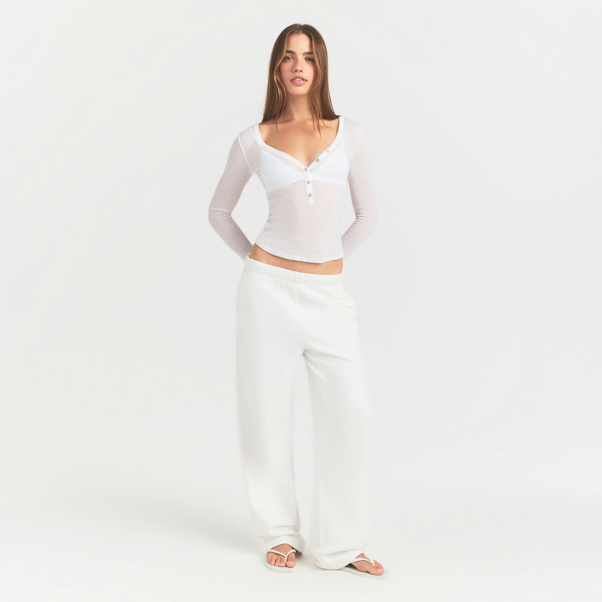 SHEER RIB HENLEY | SNOW ON A MODEL FRONT VIEW @ | FOCUS: 0.0, 1.0, 0.9