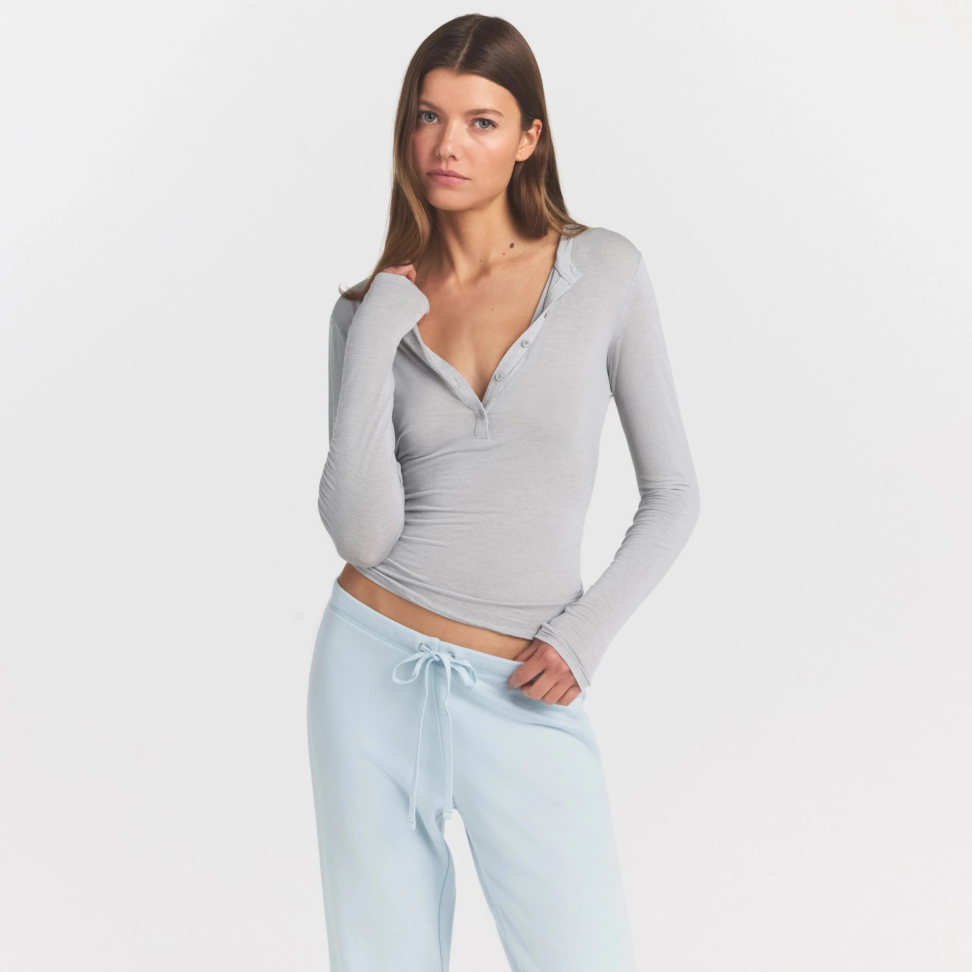 SKIMS Crewneck Henley | Heather Grey | Sheer Modal | L | Large | Women's SKIMS Crewneck Henley | Heather Grey | Sheer Modal | L | Large | Women's