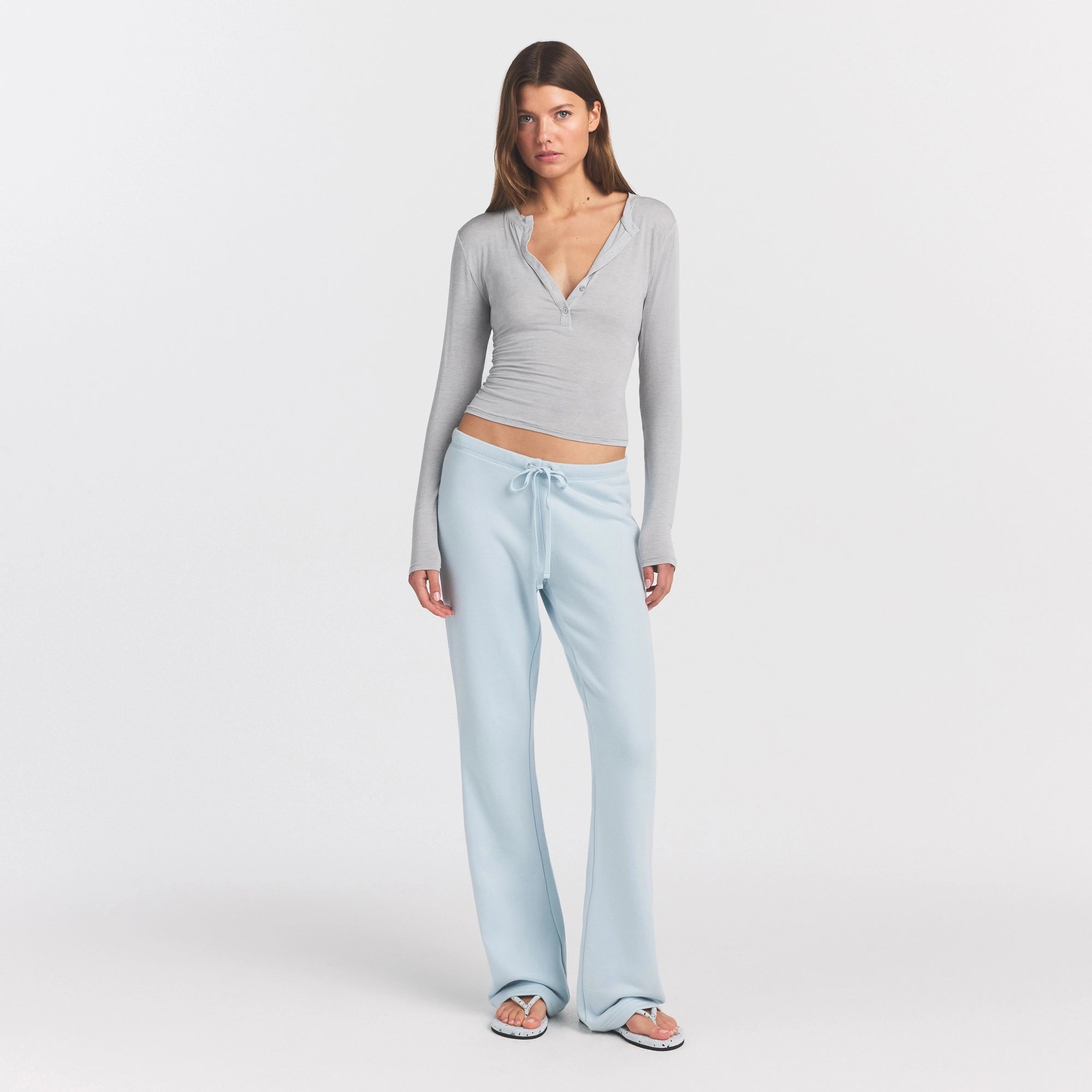 SHEER MODAL CREWNECK HENLEY | HEATHER GREY ON A MODEL FRONT VIEW