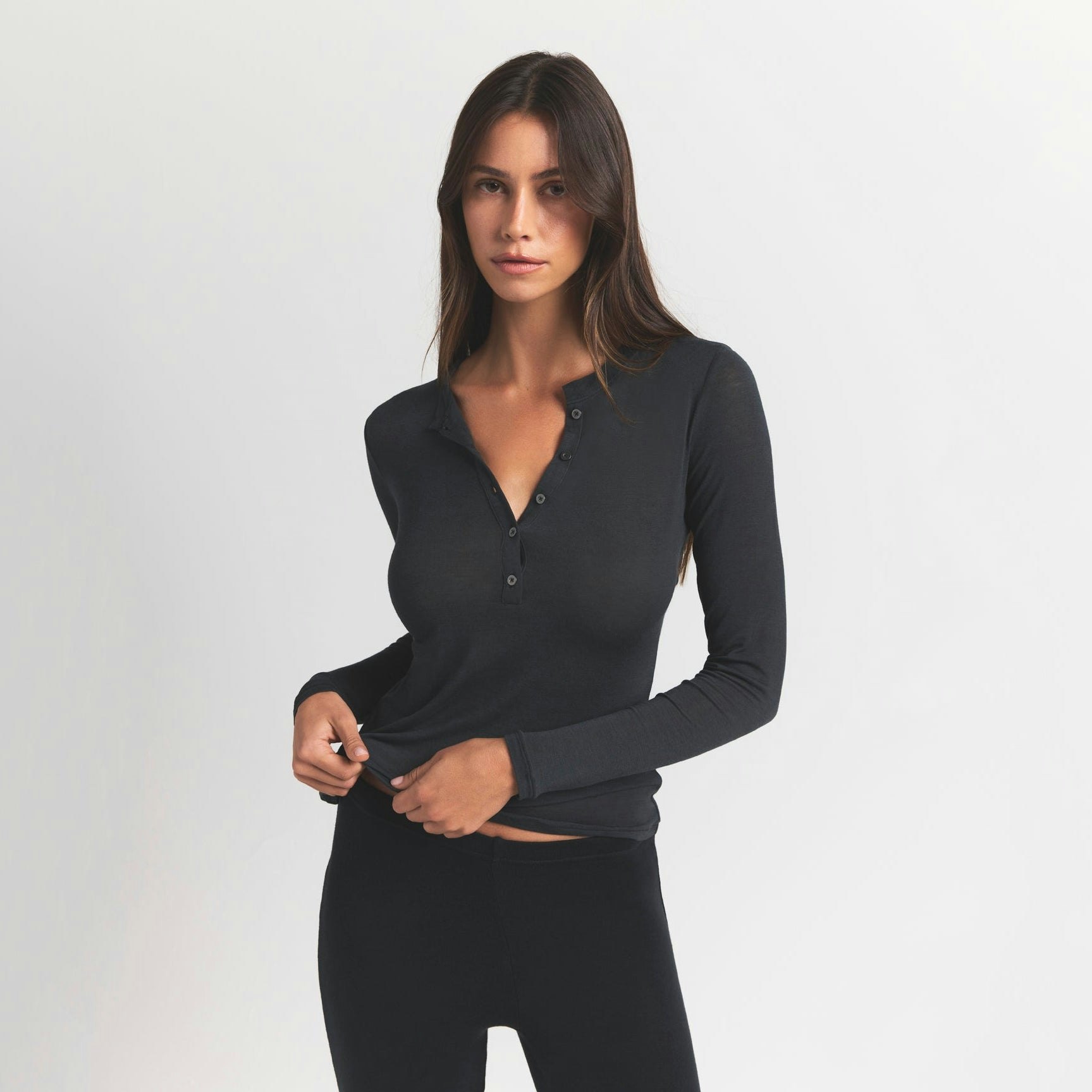 SHEER MODAL CREW NECK HENLEY | ONYX ON A MODEL FRONT VIEW @ | FOCUS: 0.9, 0.1, 0.7