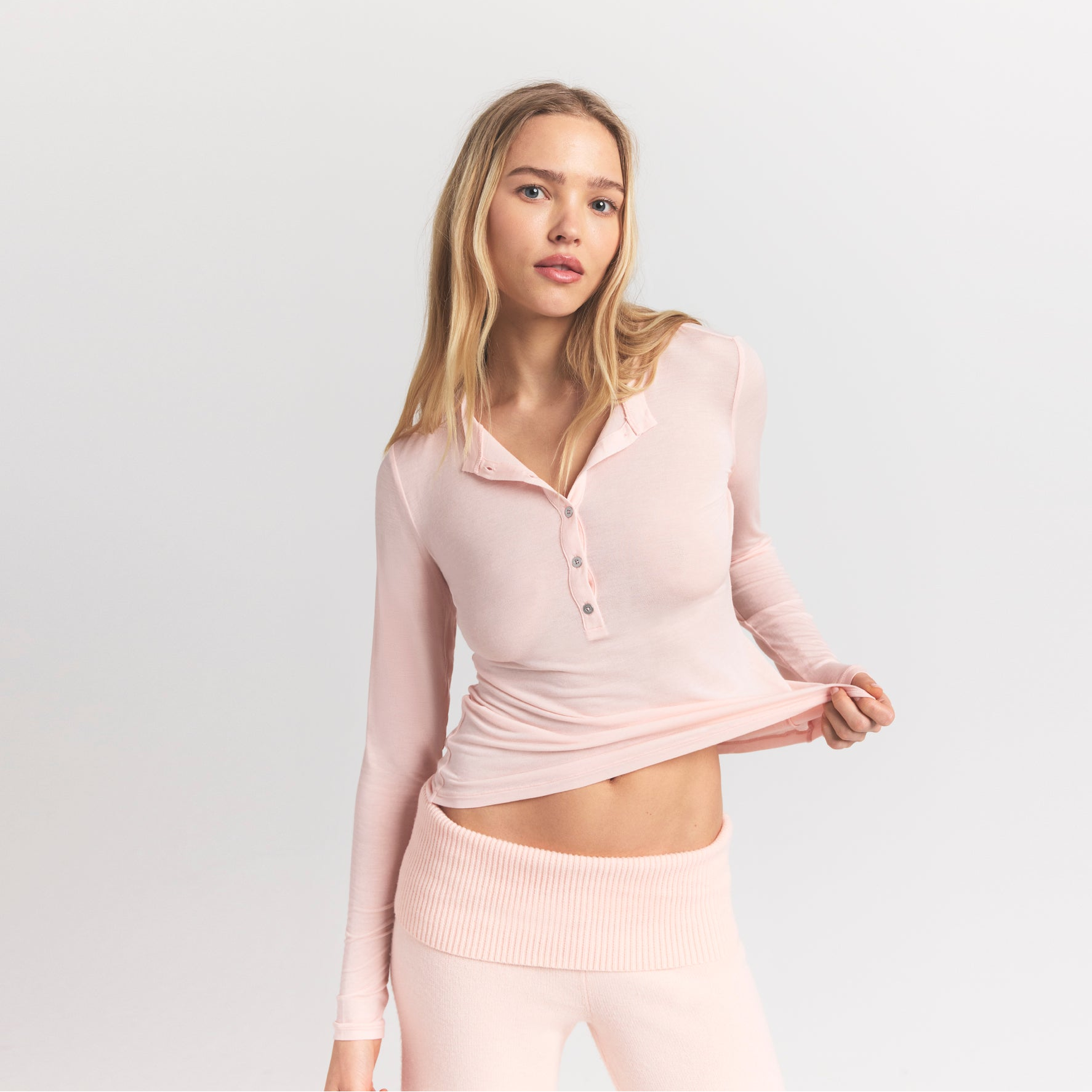 SHEER MODAL CREW NECK HENLEY | PRIMROSE ON A MODEL FRONT VIEW @ | FOCUS: 0.9, 0.1, 0.7