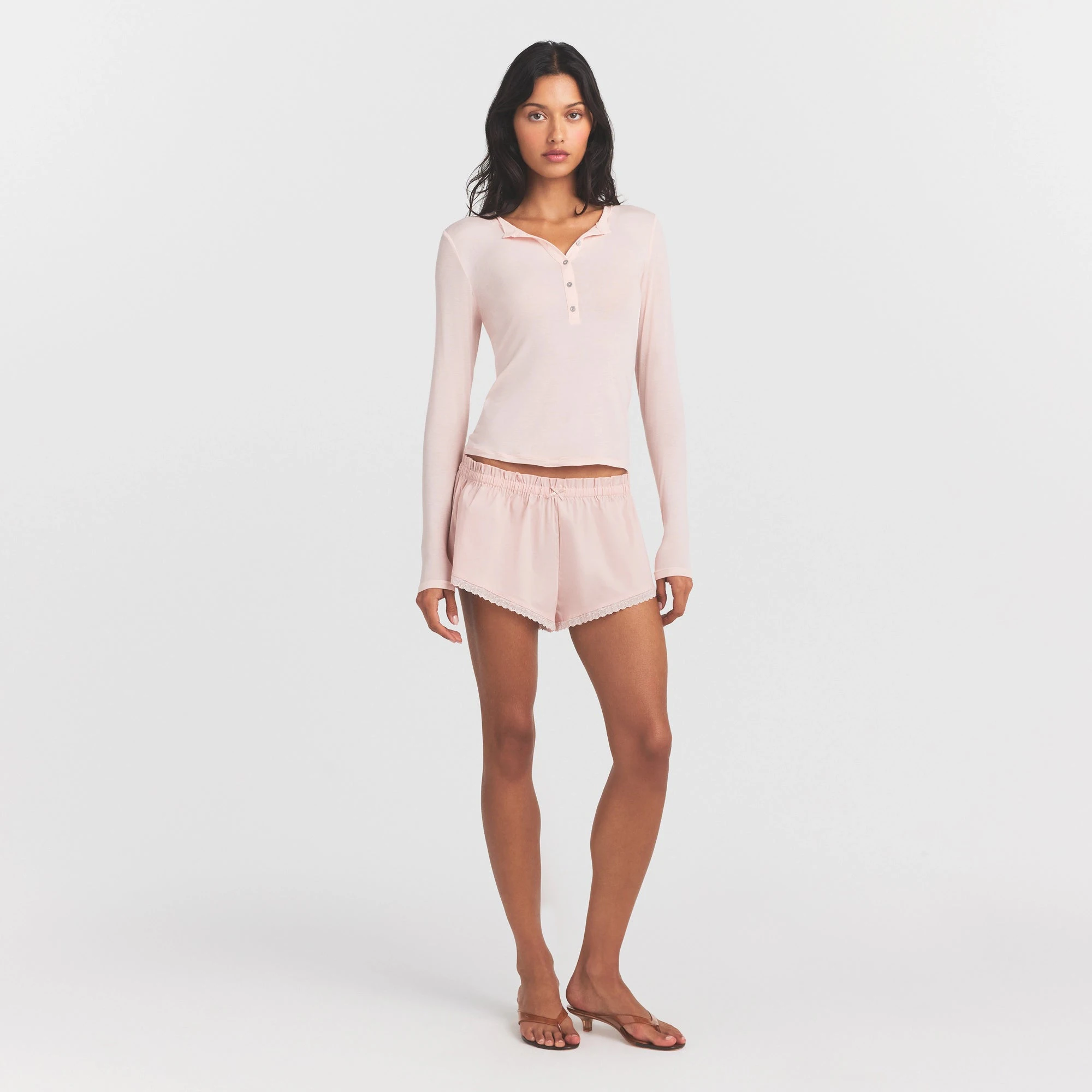 SHEER MODAL CREWNECK HENLEY | PRIMROSE ON A MODEL FRONT VIEW