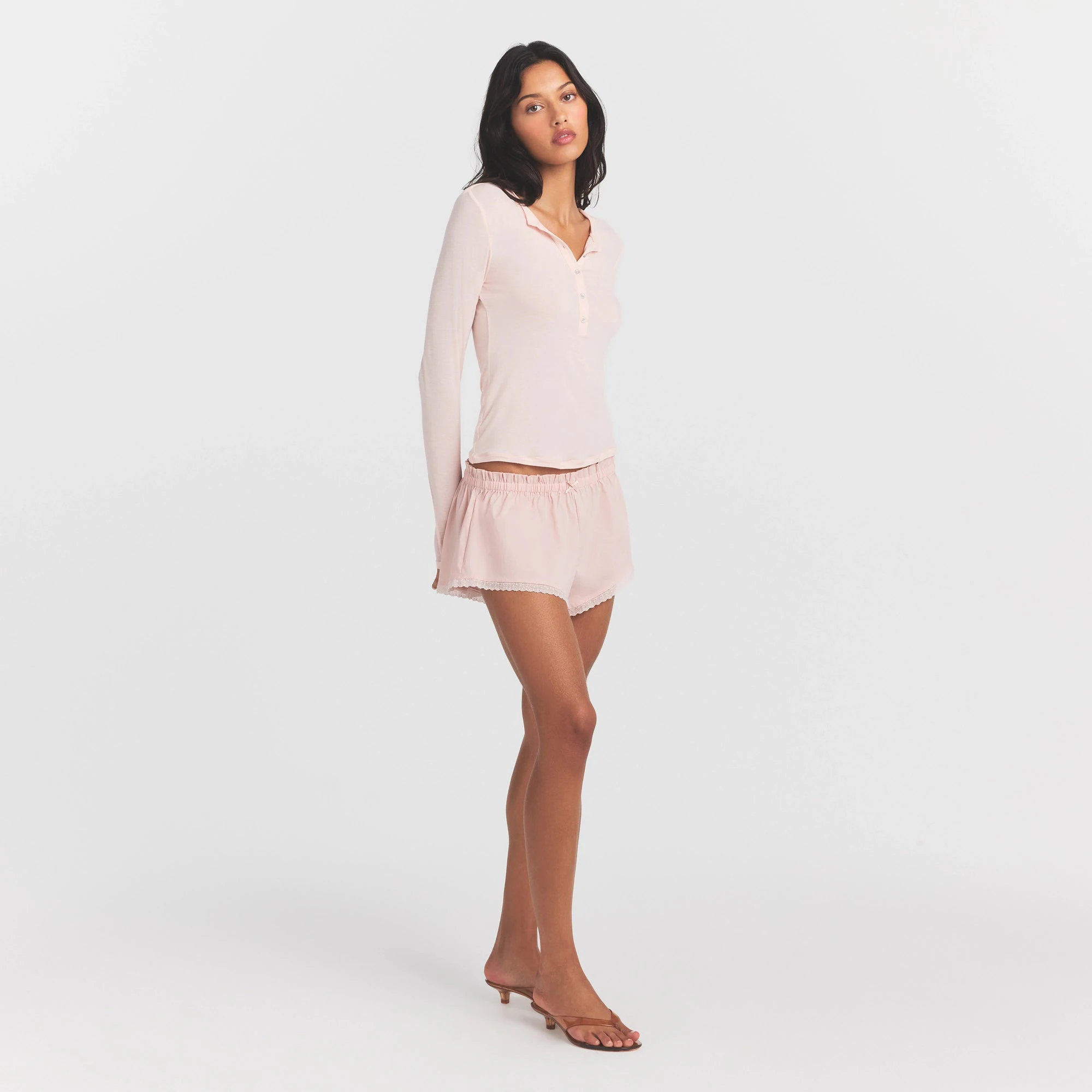 SHEER MODAL CREWNECK HENLEY | PRIMROSE ON A MODEL FRONT VIEW