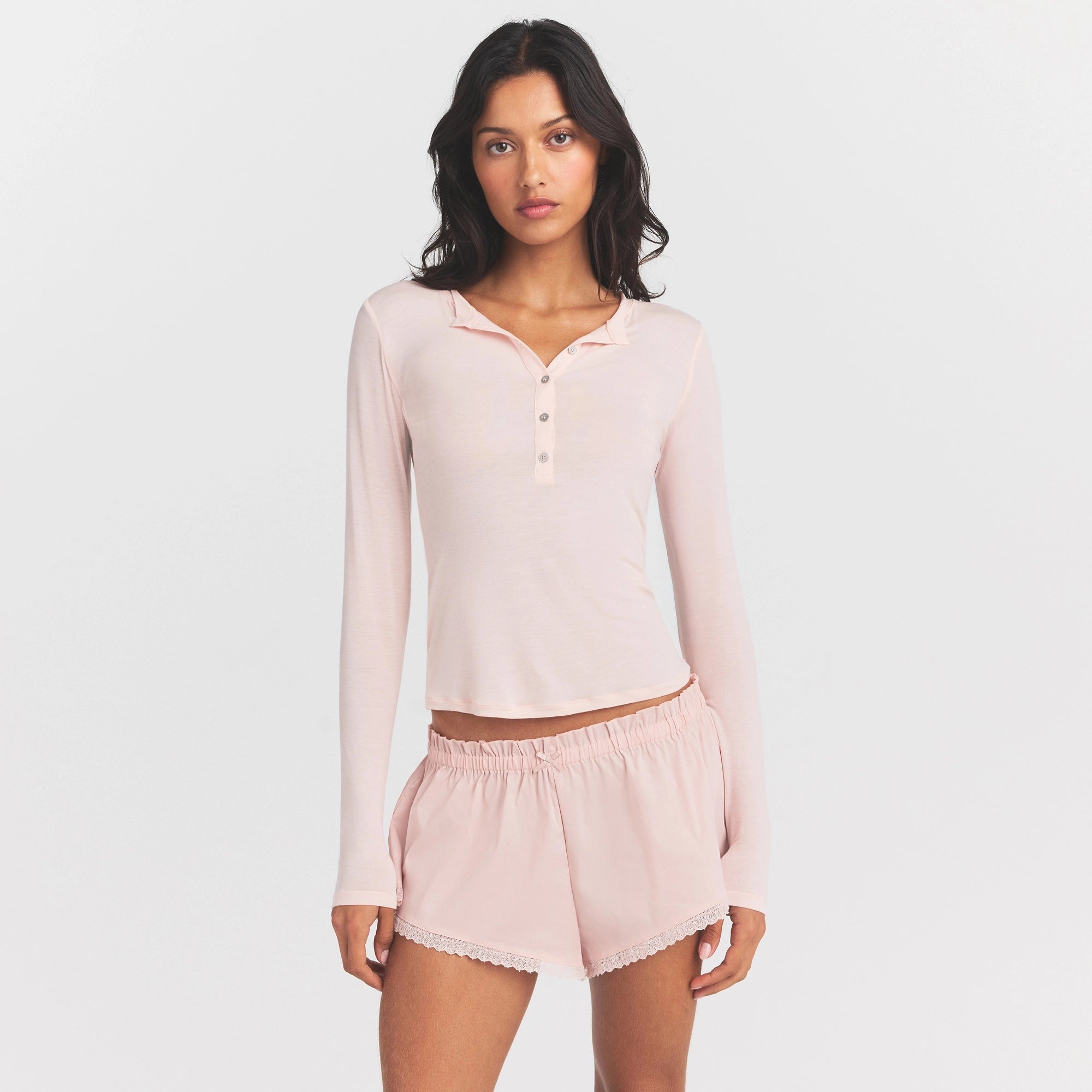 SHEER MODAL CREWNECK HENLEY | PRIMROSE ON A MODEL SIDE VIEW