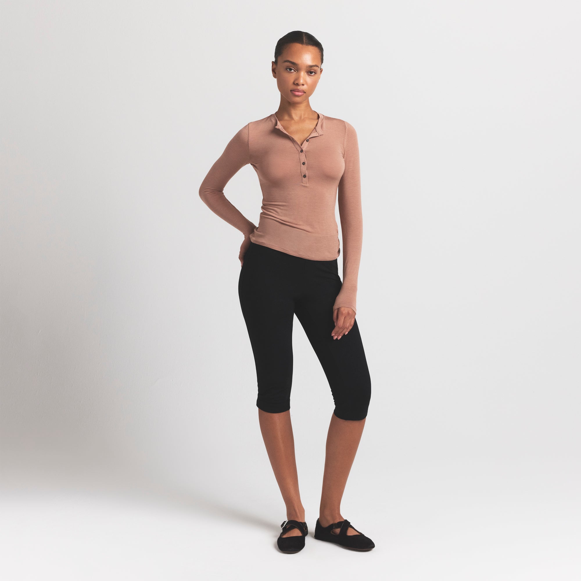 SHEER MODAL CREW NECK HENLEY | SIENNA ON A MODEL FRONT VIEW @ | FOCUS: 0.9, 0.1, 0.7