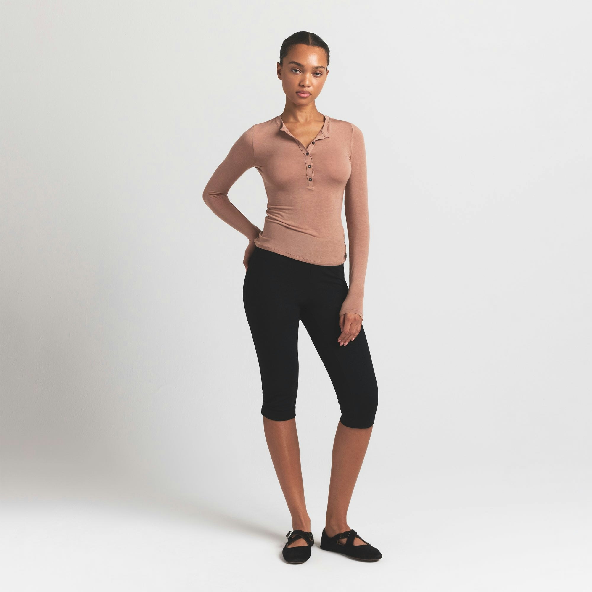SHEER MODAL CREW NECK HENLEY | SIENNA ON A MODEL FRONT VIEW @ | FOCUS: 0.9, 0.1, 0.7