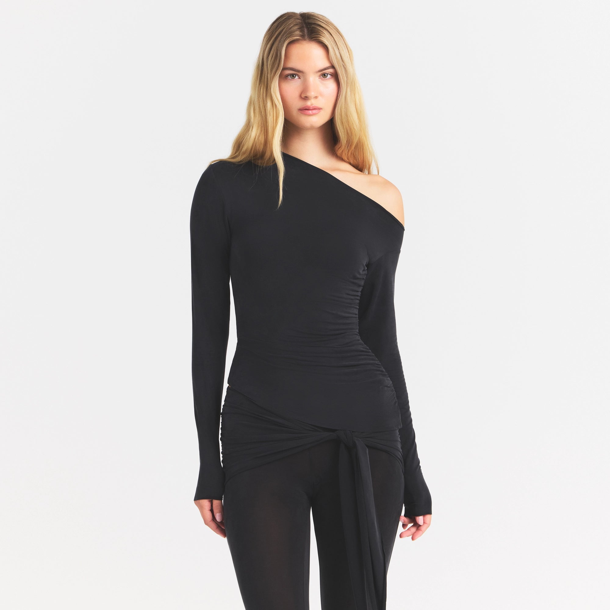 CUPRO JERSEY ASYMMETRICAL TOP | OBSIDIAN ON A MODEL SIDE VIEW @ | FOCUS: 0.0, 1.0, 0.9