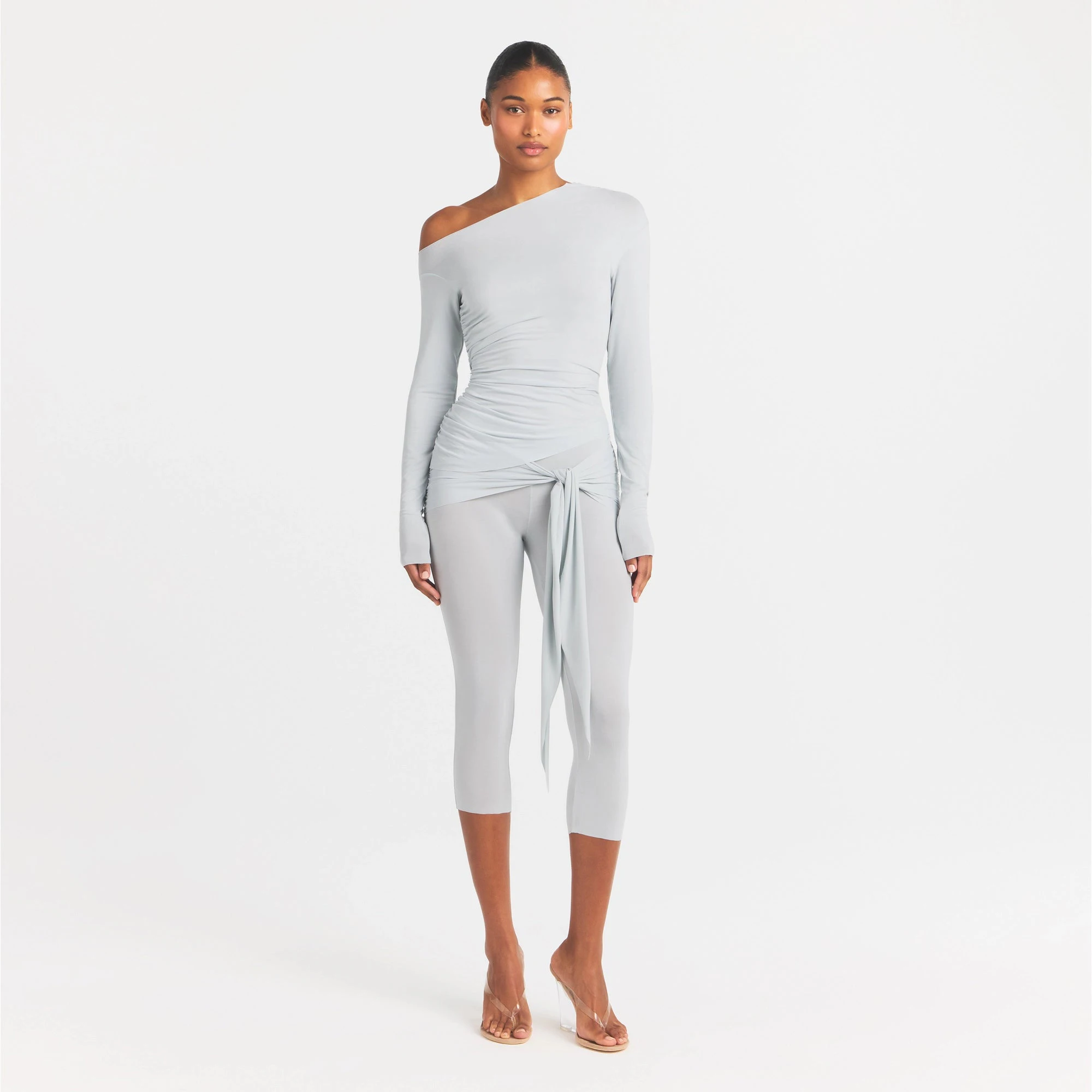 CUPRO JERSEY ASYMMETRICAL TOP | PEARL ON A MODEL FRONT VIEW @ | FOCUS: 0.0, 1.0, 0.9