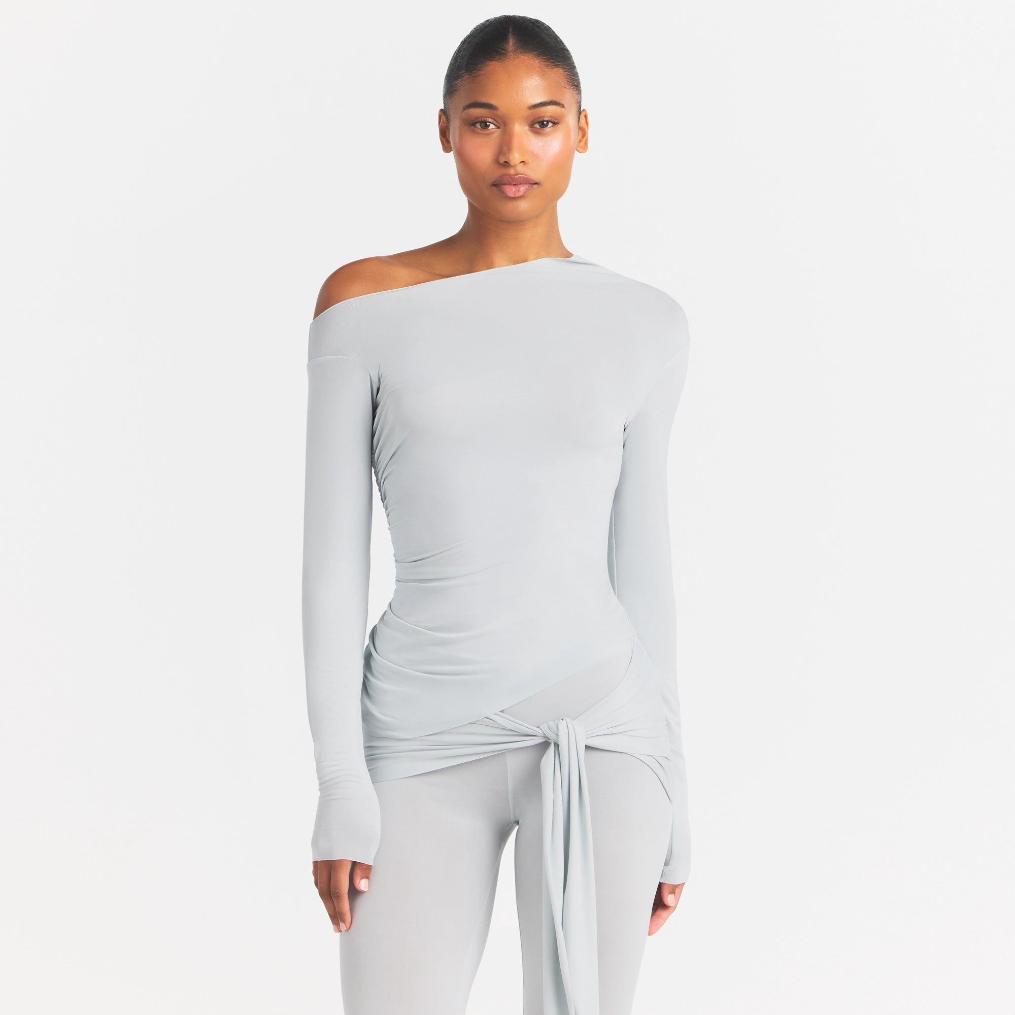 CUPRO JERSEY ASYMMETRICAL TOP | PEARL ON A MODEL SIDE VIEW @ | FOCUS: 0.0, 1.0, 0.9