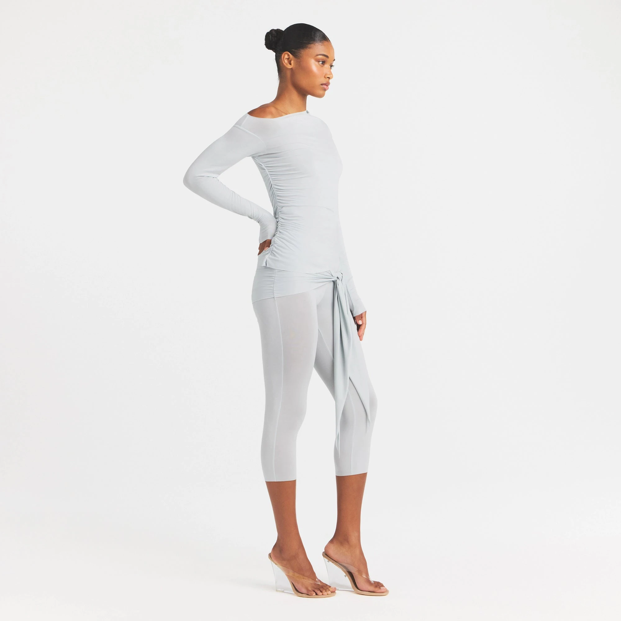CUPRO JERSEY ASYMMETRICAL TOP | PEARL ON A MODEL FRONT VIEW @ | FOCUS: 0.0, 1.0, 0.9