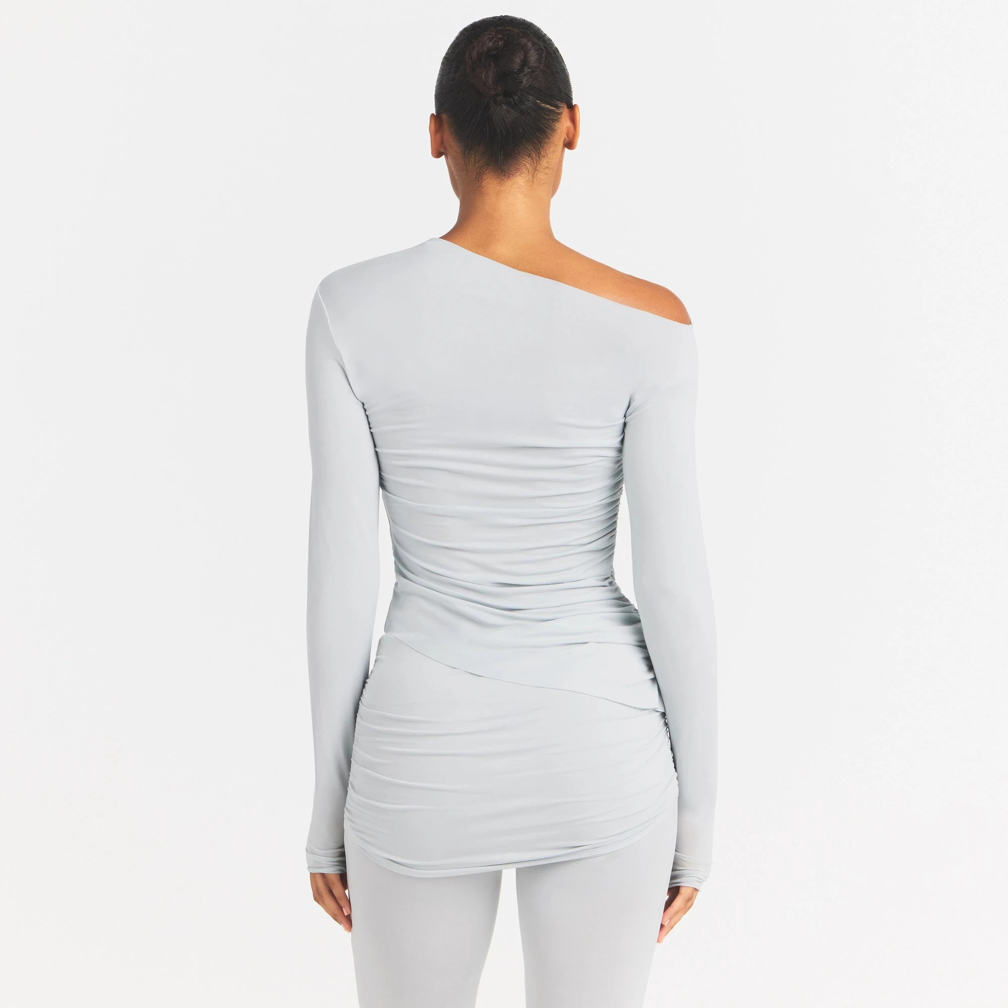 CUPRO JERSEY ASYMMETRICAL TOP | PEARL ON A MODEL SIDE VIEW @ | FOCUS: 0.0, 1.0, 0.9