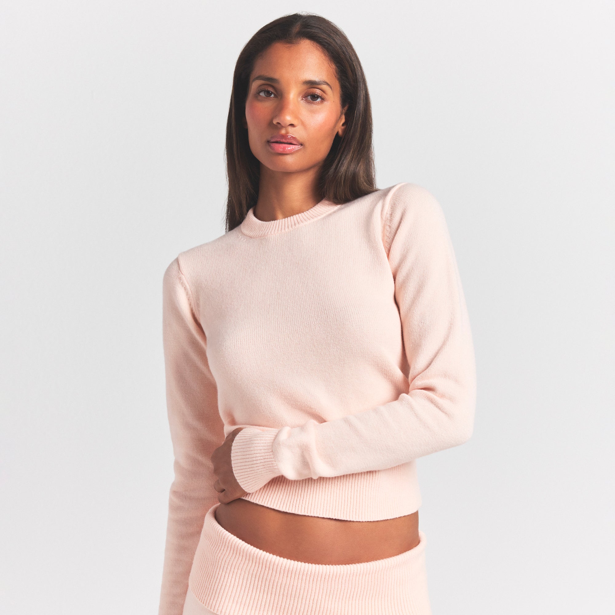 SWEATER KNITS LONG SLEEVE FITTED CREW NECK | PRIMROSE ON A MODEL SIDE VIEW @ | FOCUS: 0.0, 1.0, 0.9