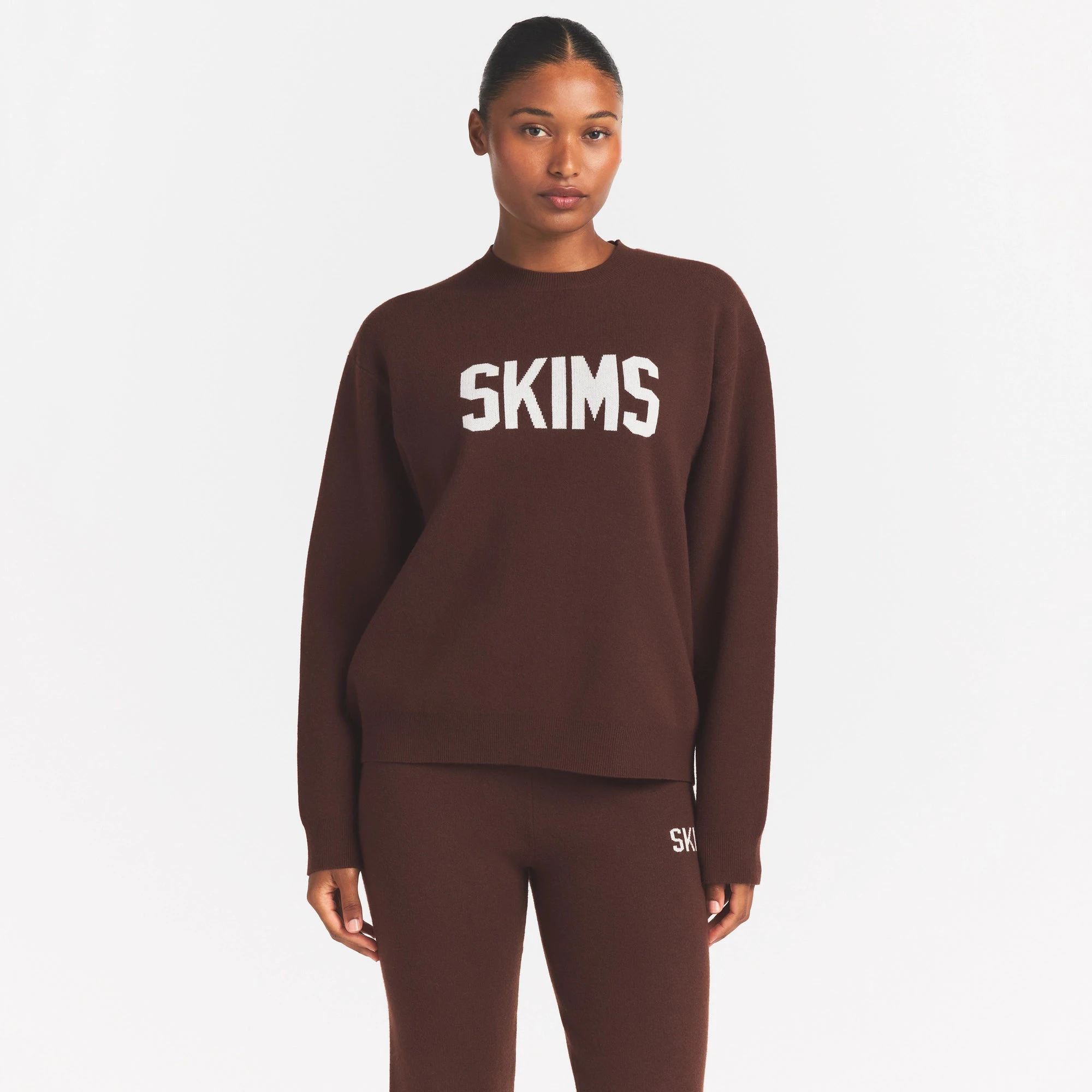 SWEATER KNIT LOGO PULLOVER | COCOA EGRET & LAYS FLAT ON A WHITE BACKGROUND | FLT @ | FOCUS: 0.0, 1.0, 0.9