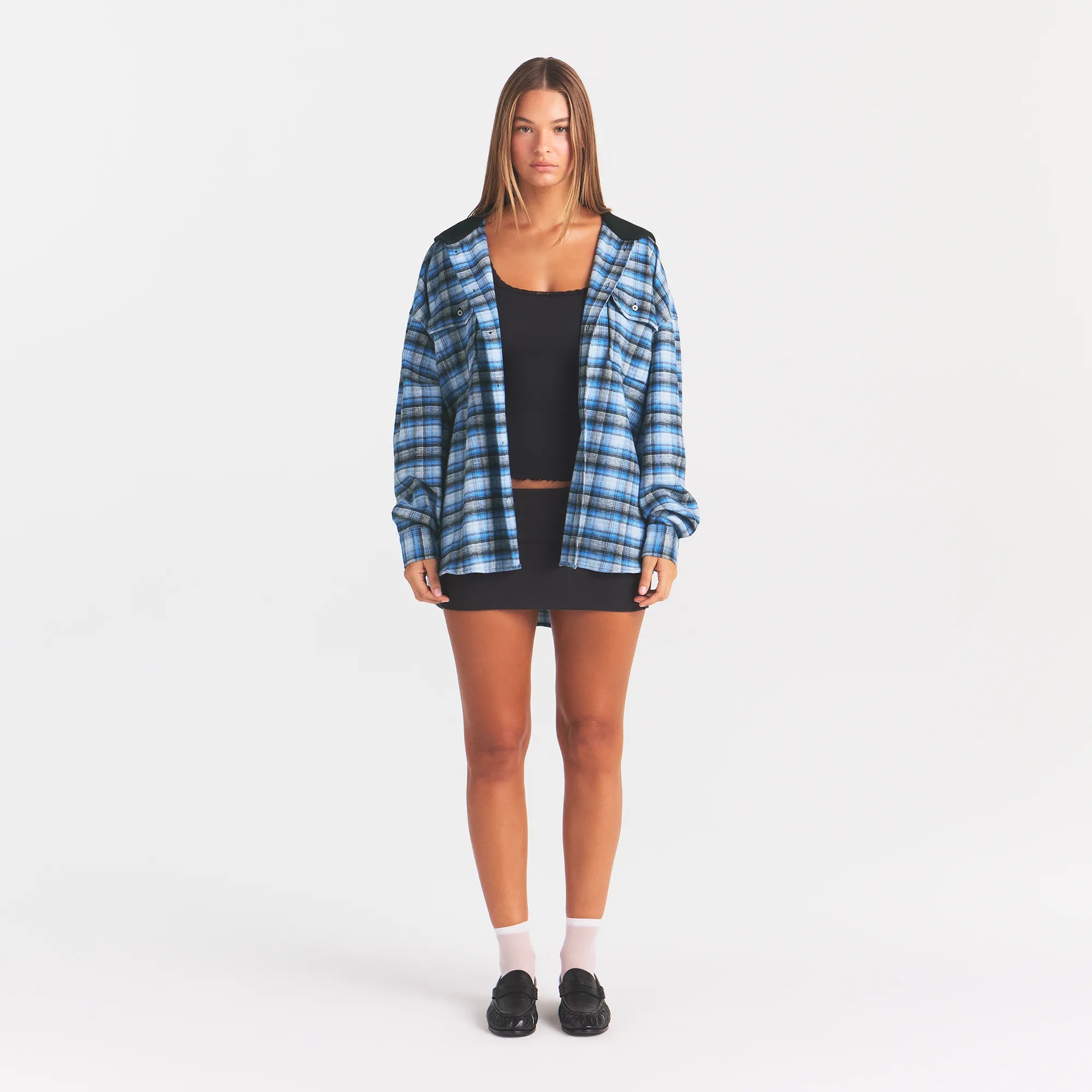 OUTDOOR FLANNEL OVERSIZED HOODED SHIRT | AZURE PLAID ON A MODEL | FOCUS: 0.0, 1.0, 0.9