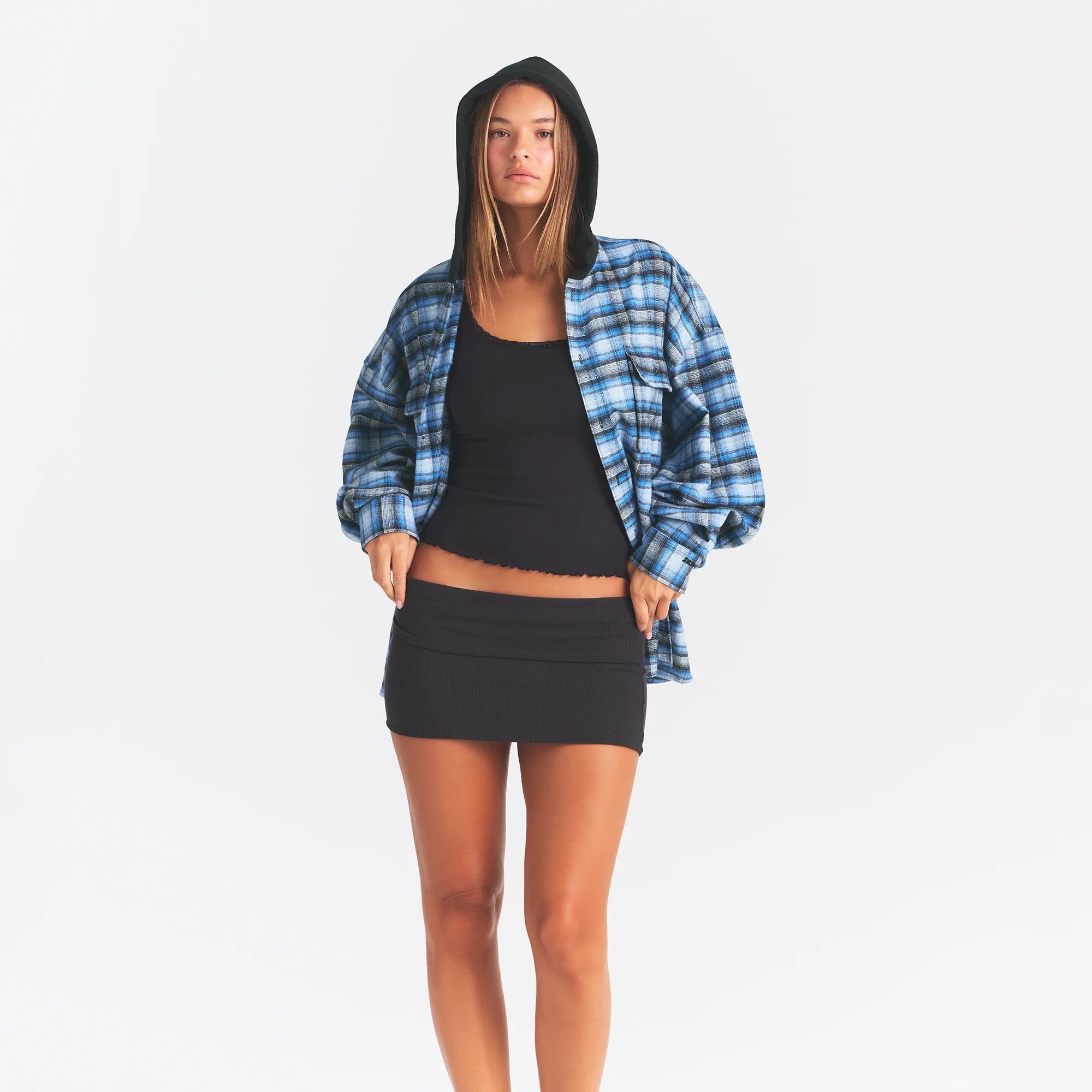 OUTDOOR FLANNEL OVERSIZED HOODED SHIRT | AZURE PLAID ON A MODEL | FOCUS: 0.0, 1.0, 0.9