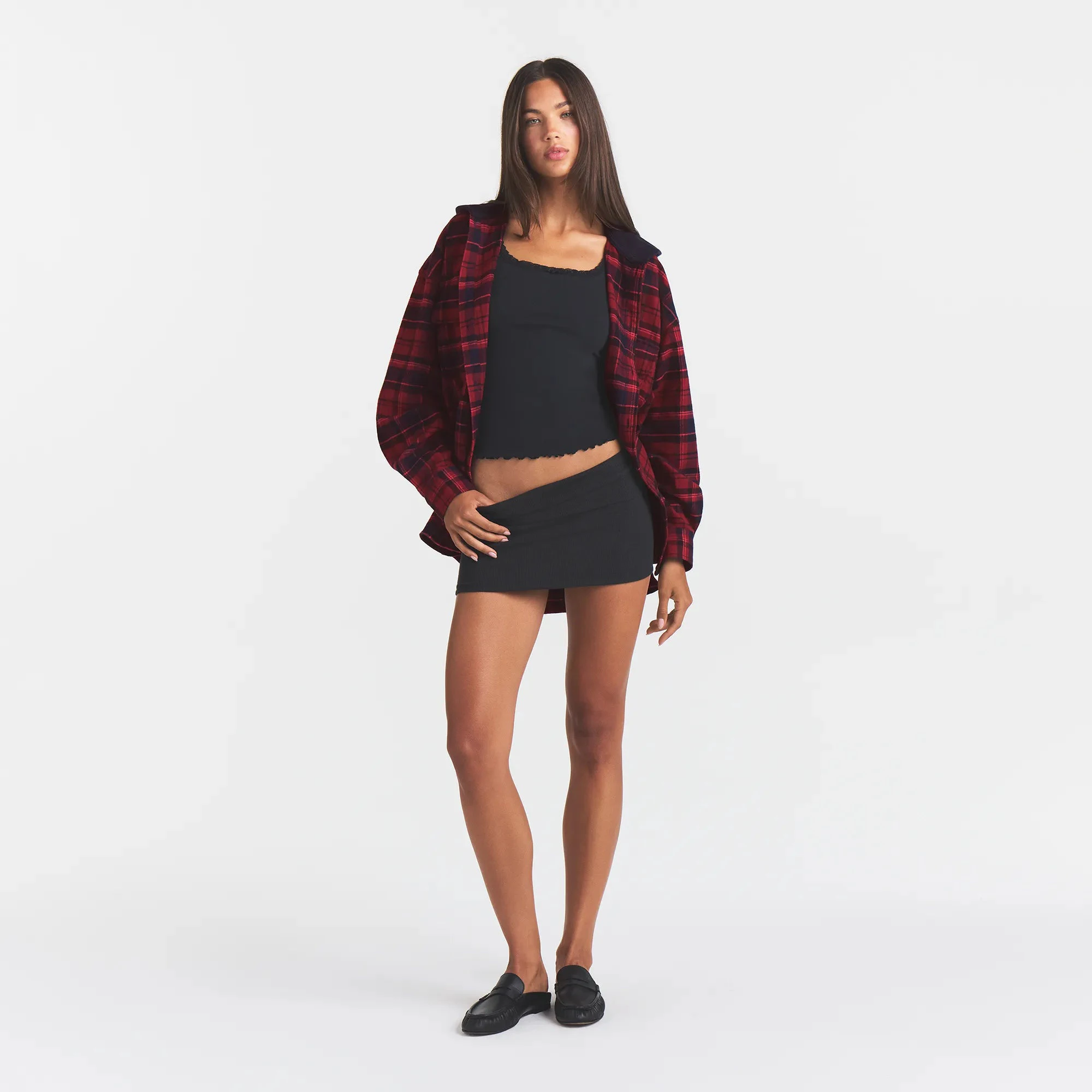 OUTDOOR FLANNEL OVERSIZED HOODED SHIRT | MERLOT CABIN PLAID ON A MODEL | FOCUS: 0.0, 1.0, 0.9