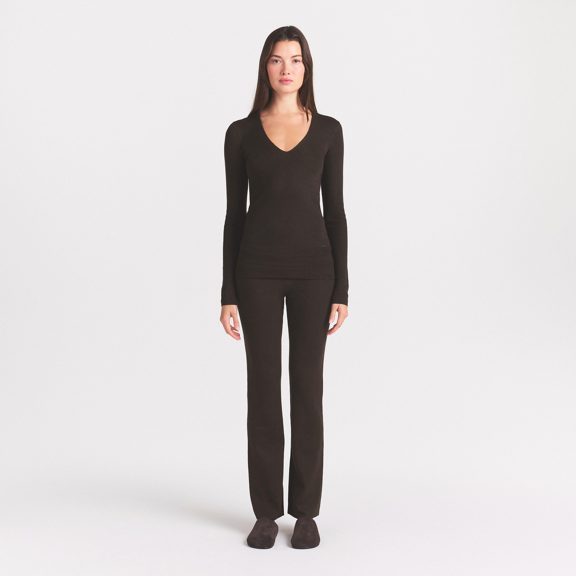ESSENTIAL KNIT LONG SLEEVE V NECK | ESPRESSO & LAYS FLAT ON A WHITE BACKGROUND | FLT