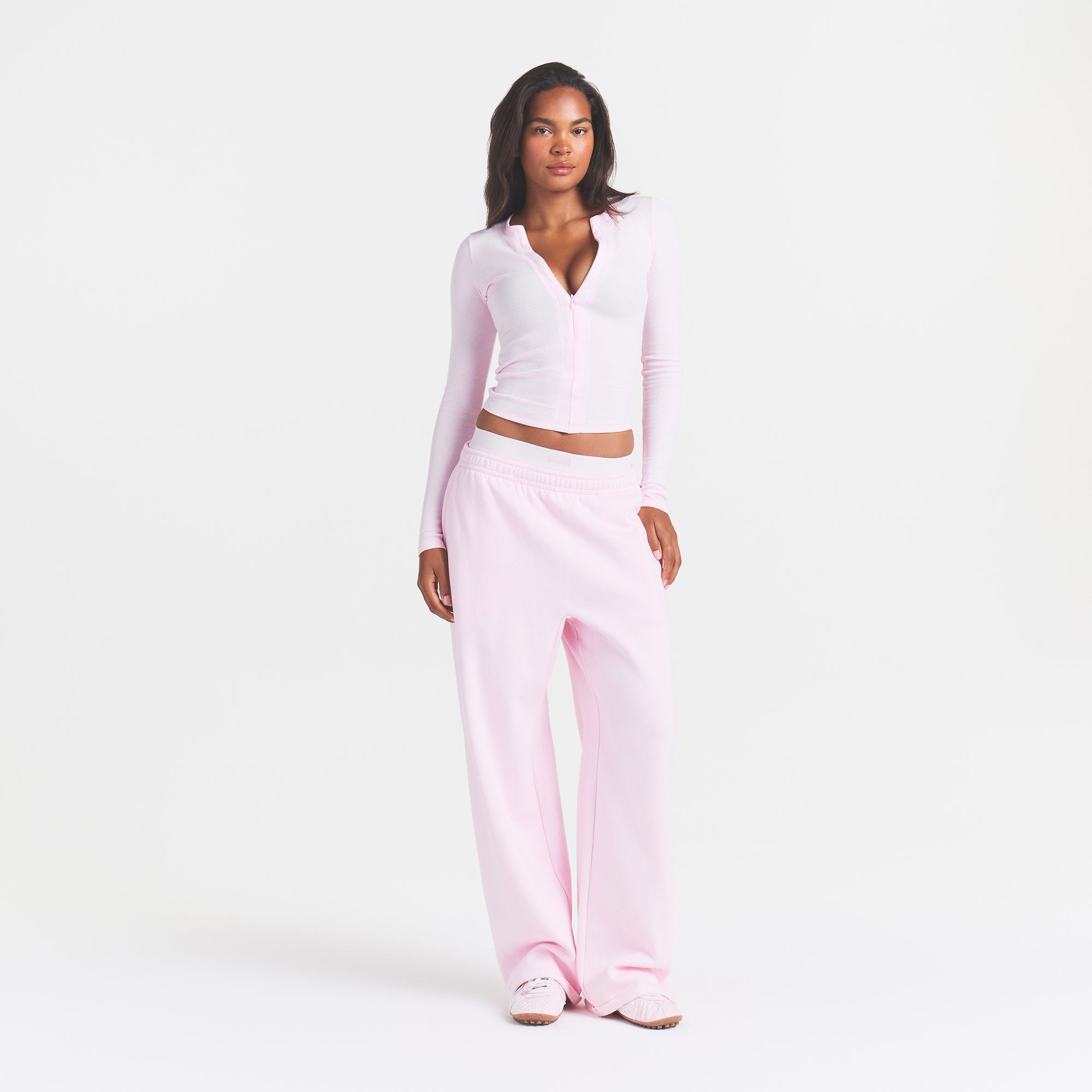 COTTON RIB ZIP UP TOP | CHERRY BLOSSOM ON A MODEL FRONT VIEW