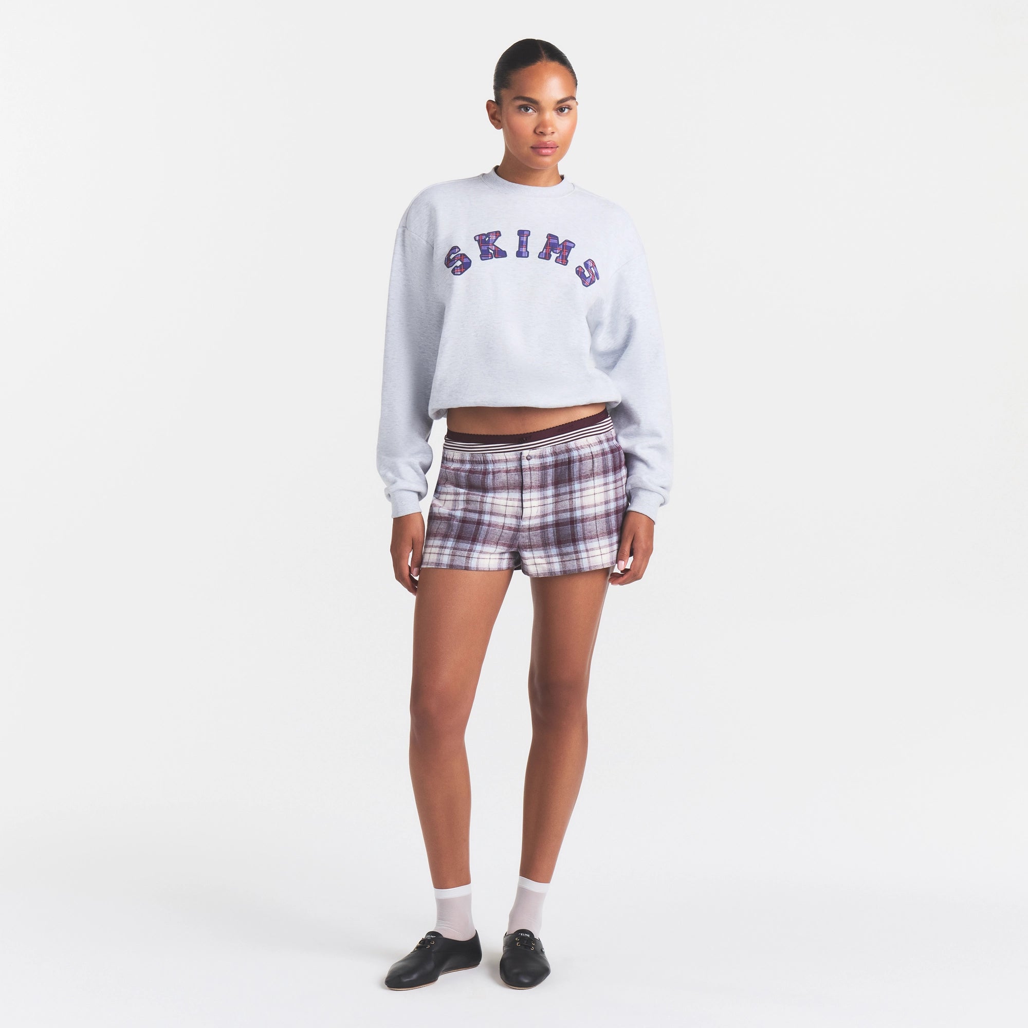 COTTON FLEECE CLASSIC CREWNECK | LHG ARCHED SKIMS PLAID ON A MODEL | FLT@ | FOCUS: 0.0, 1.0, 0.9
