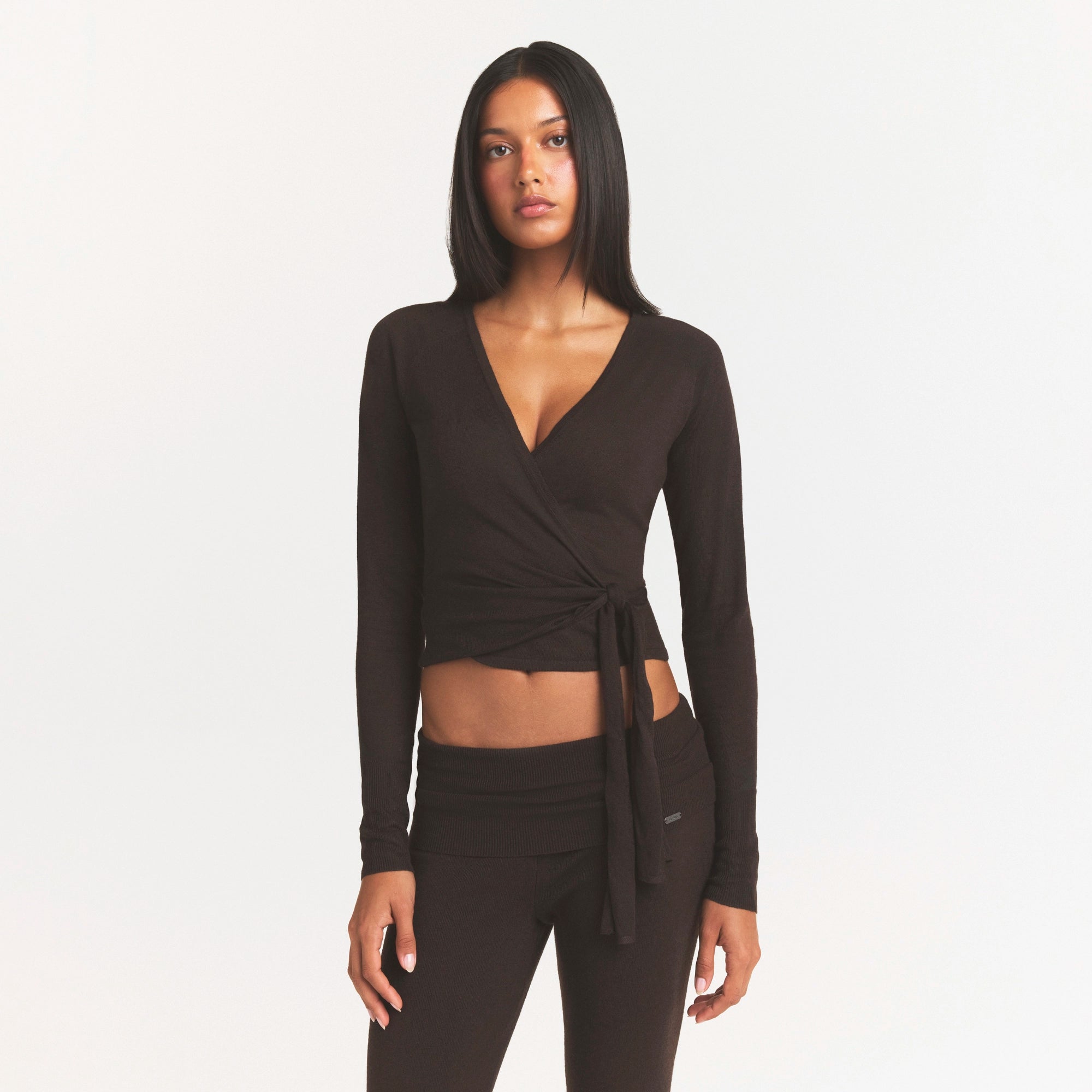 ESSENTIAL SWEATERS WRAP SWEATER | ESPRESSO & LAYS FLAT ON A WHITE BACKGROUND | FLT