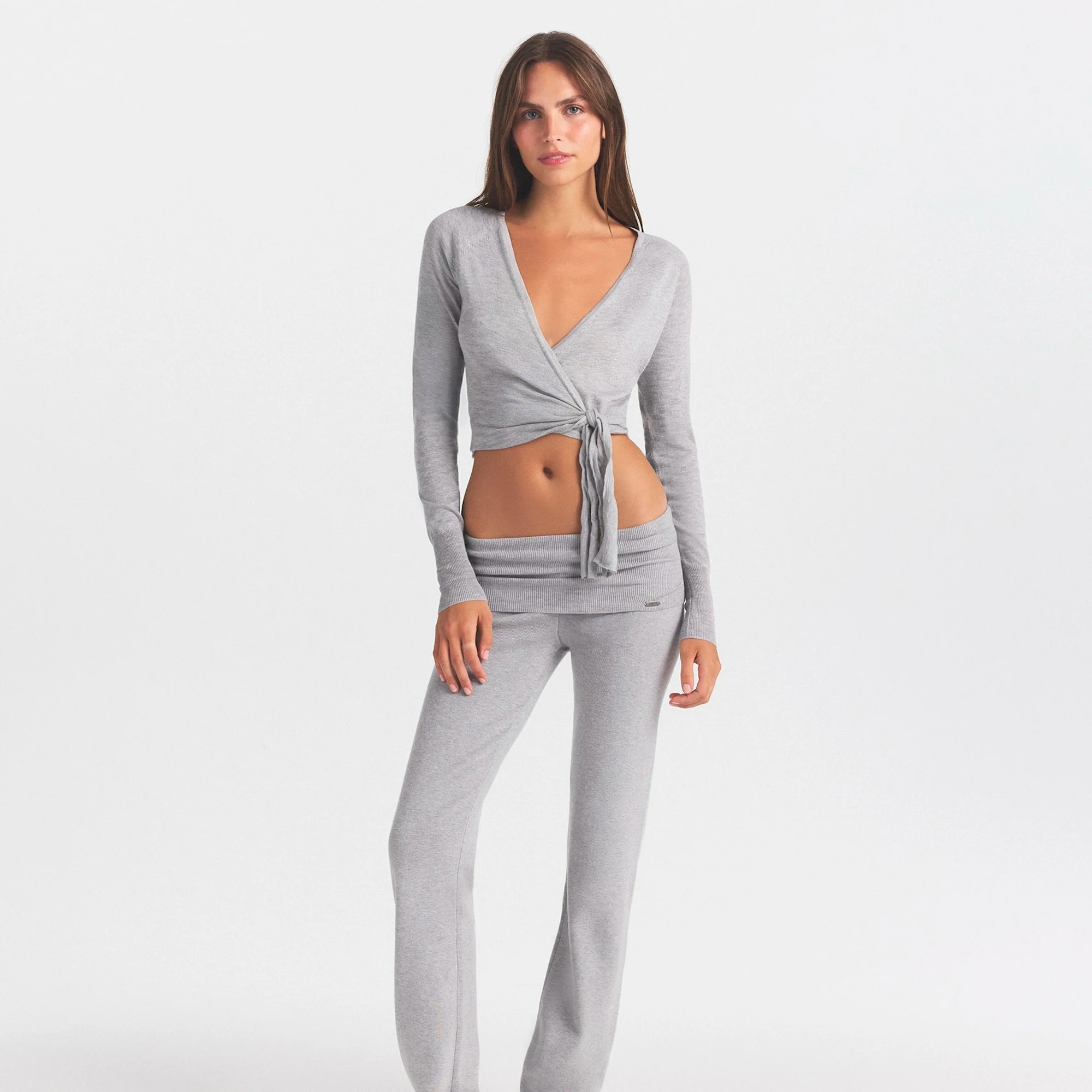 ESSENTIAL KNIT WRAP SWEATER | MID HEATHER GREY & LAYS FLAT ON A WHITE BACKGROUND | FLT