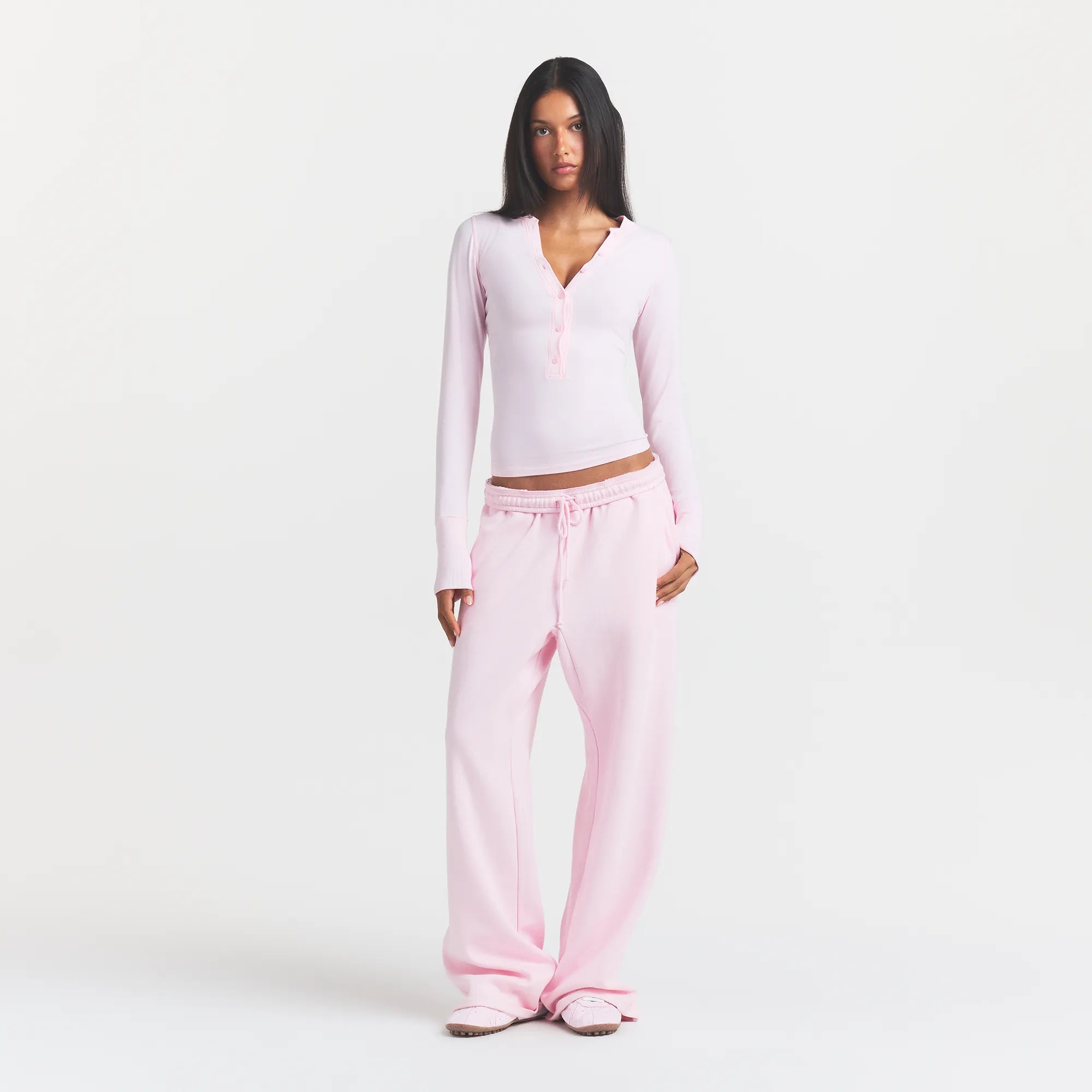 COTTON JERSEY HENLEY LONG SLEEVE | CHERRY BLOSSOM ON A MODEL FRONT VIEW @ | FOCUS: 0.0, 1.0, 0.9